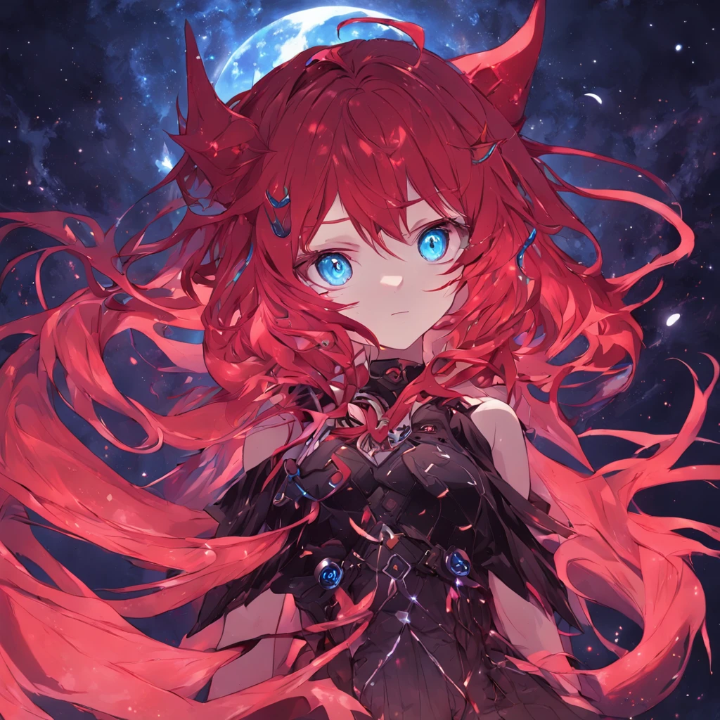 1girl, bat wings, chained, crimson moon, wavy red hair, blue eyes, stars, dark color scheme, galaxy, beautiful woman, demon tail