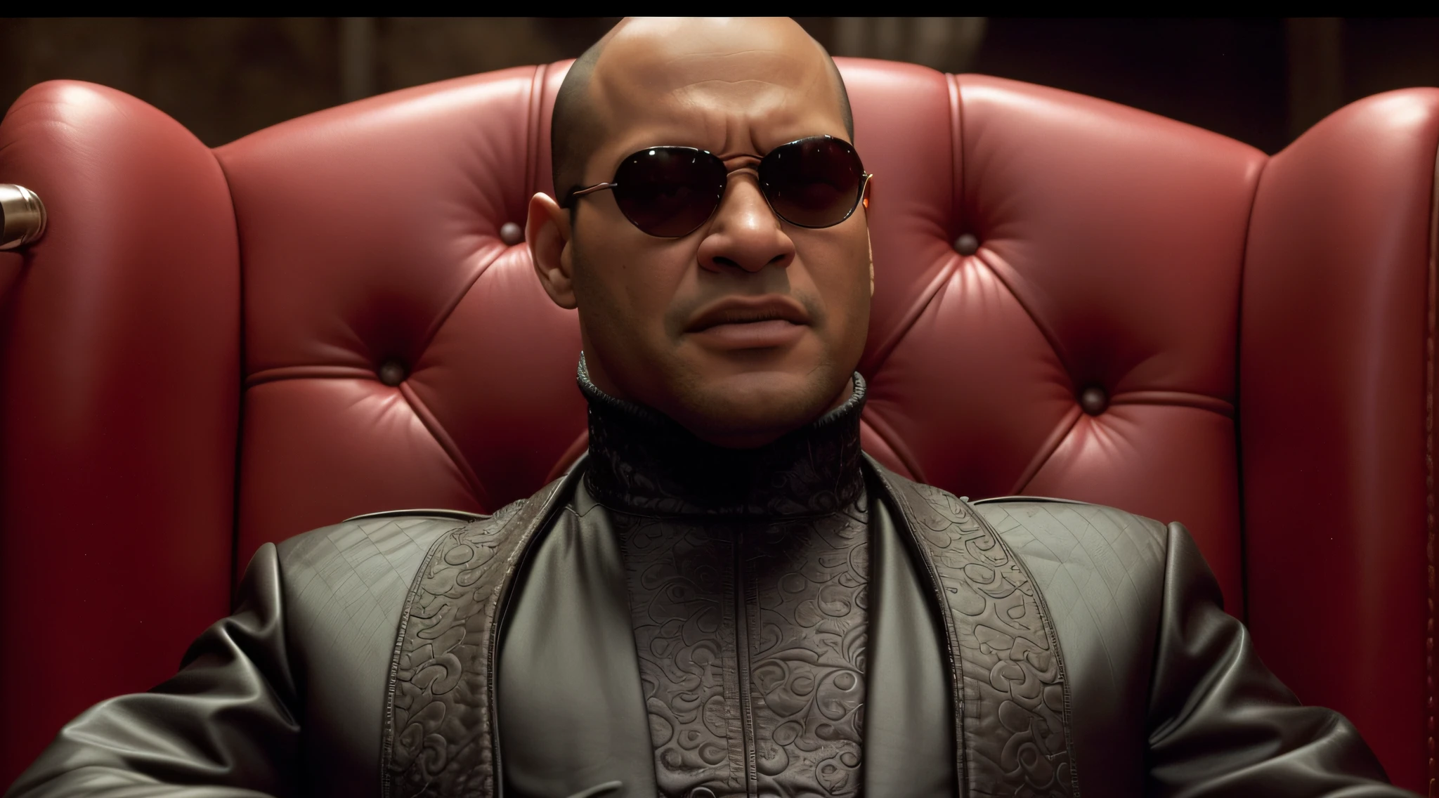 um close up de um homem com uma jaqueta de couro sentado em uma cadeira, Morpheus, Shrek como Neo de Matrix, pipoca como Morpheus, No novo filme Matrix, da matriz ( 1 9 9 9 ), da matriz(1999), ainda da matriz (1999), neo da matriz, em matriz