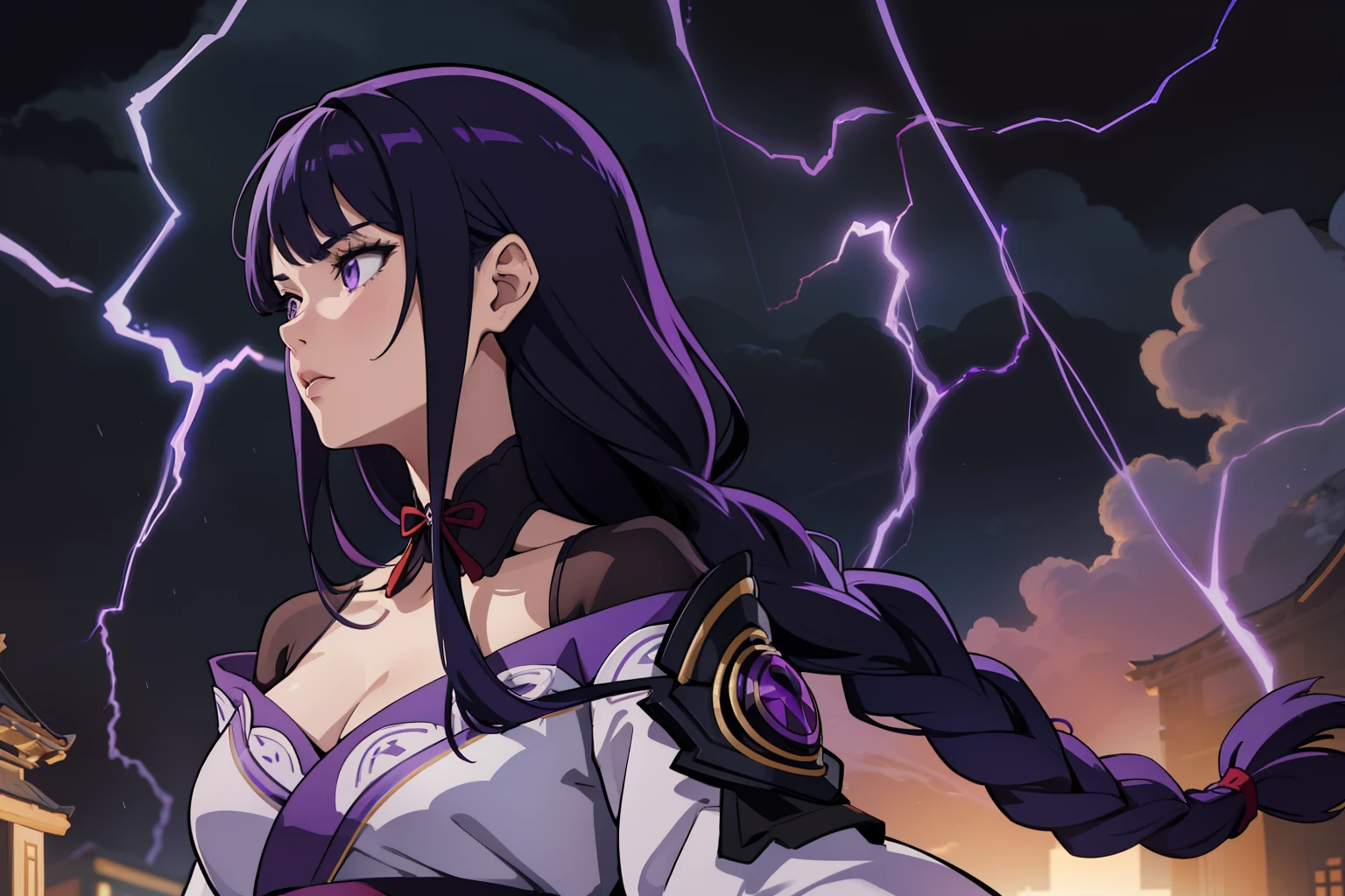 best quality, masterpiece, highres, 1girl,female,solo, mature female, raiden, 1girl, \n/, very long purple hair purple braid, hanfu,black clothes shoulders,(collarbone:0.9), hanfu,tang style, long black stockings, solo, ((upper body)), white kimono with purple details, dark stormy sky, dark clouds, dramatic, rain and storm, lighting bolts