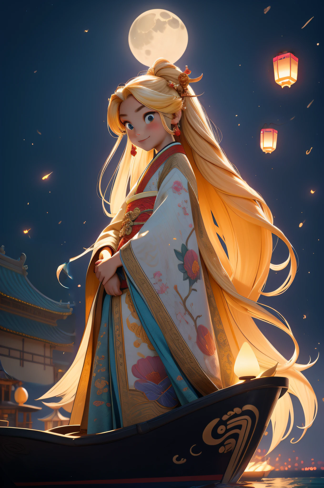 Anime girl on board,Lanterns float in the sky, Palace , A girl in Hanfu, Rosla global lighting, Beautiful character painting, Blonde anime girl with long hair, Artgerm and Atey Ghailan, In the style of Ross Tran, Ross Tran 8 K, blond-haired princess, Ross Tran style, trending on cgstation
