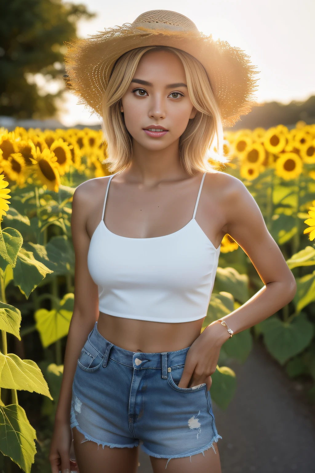 8k, best quality, ultra high res, (photo realistic:1.4), (Japanese famous actress:1.3), very beautiful, kawaii, professional photograph, an extremely delicate and beautiful, extremely detailed, extremely detailed beautiful girl, extremely detailed face, extremely detailed eyes, extremely detailed skin, extremely detailed fingers, extremely detailed nose, extremely detailed mouth, perfect anatomy, realistic body, fair skin, shiny skin, slender body, good figure, looking at viewer, blond hair, short hair, sunflower field, (Tanned skin:1.4), flipflops, Black Gal, tank top, shorts, straw hat,