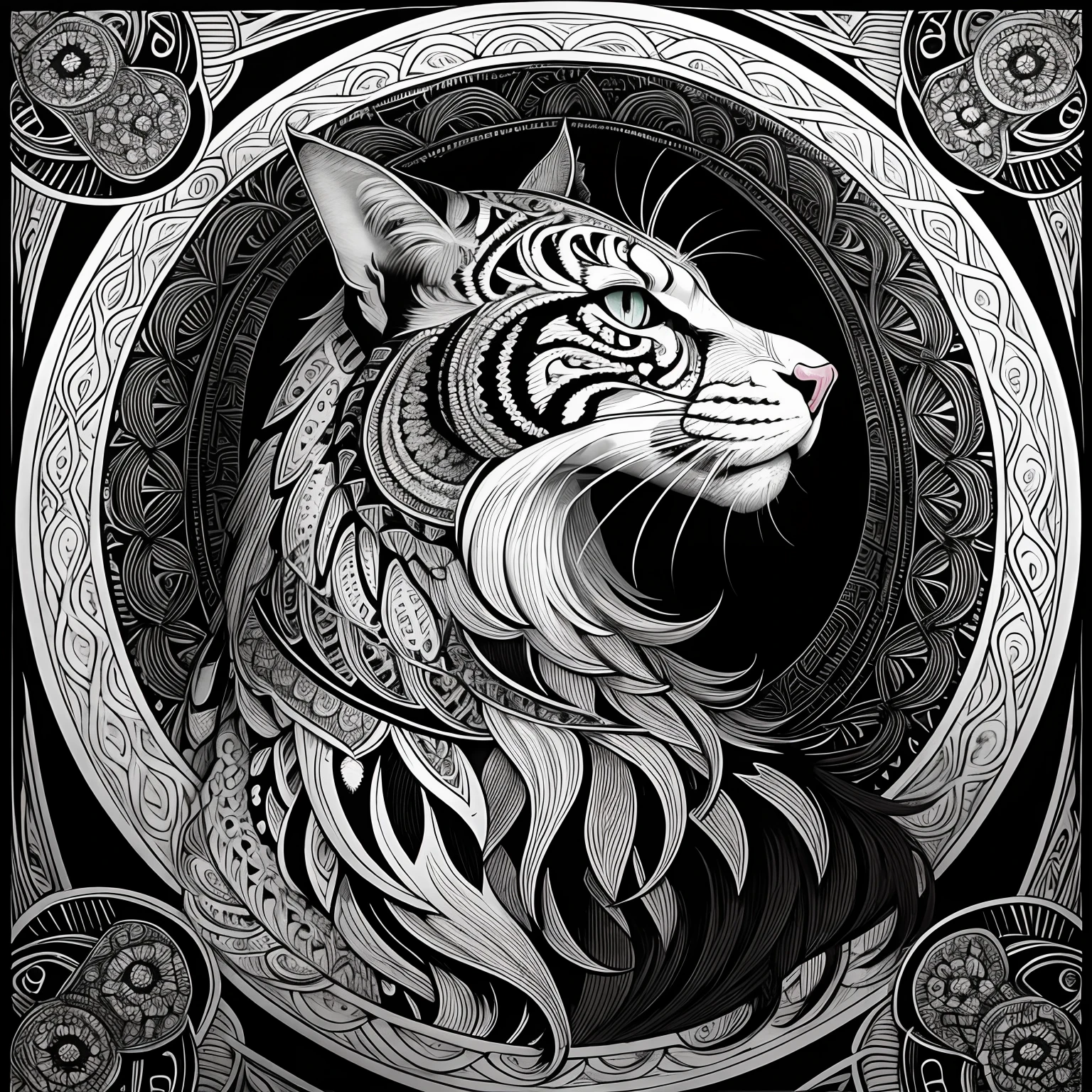 maincoon, black and white, zentangle (best quality) ultra-detailed, fine line drawing, fine line art, coloring book illustration style, intricate linework, highly detailed illustration, perfect composition, beautiful and stunning, dynamic angle, high contrast, incredible shading, incredible detail, unique style, black and white details, (dark and mystical atmosphere), intricate and detailed nature elements.