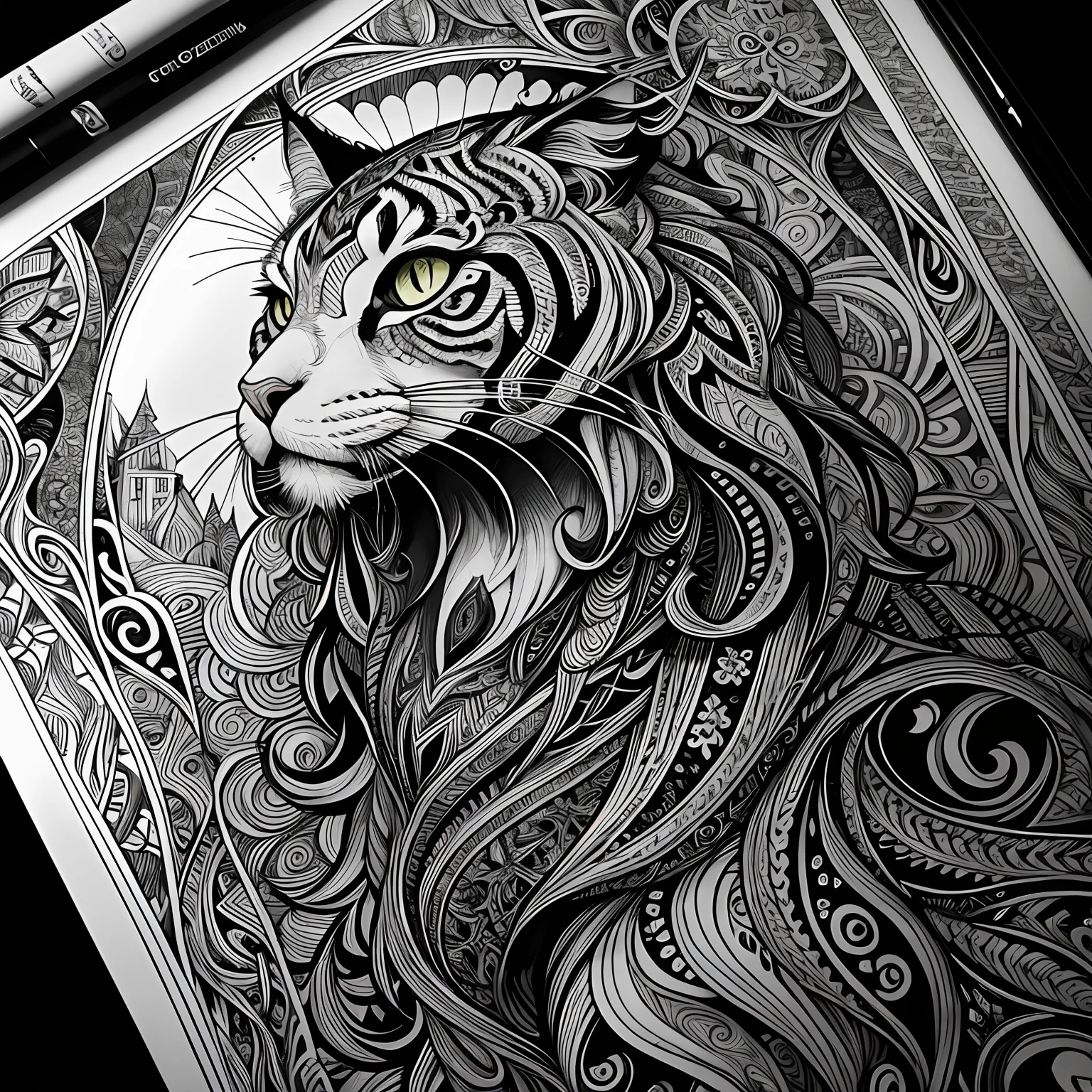 maincoon, black and white, zentangle (best quality) ultra-detailed, fine line drawing, fine line art, coloring book illustration style, intricate linework, highly detailed illustration, perfect composition, beautiful and stunning, dynamic angle, high contrast, incredible shading, incredible detail, unique style, black and white details, (dark and mystical atmosphere), intricate and detailed nature elements.