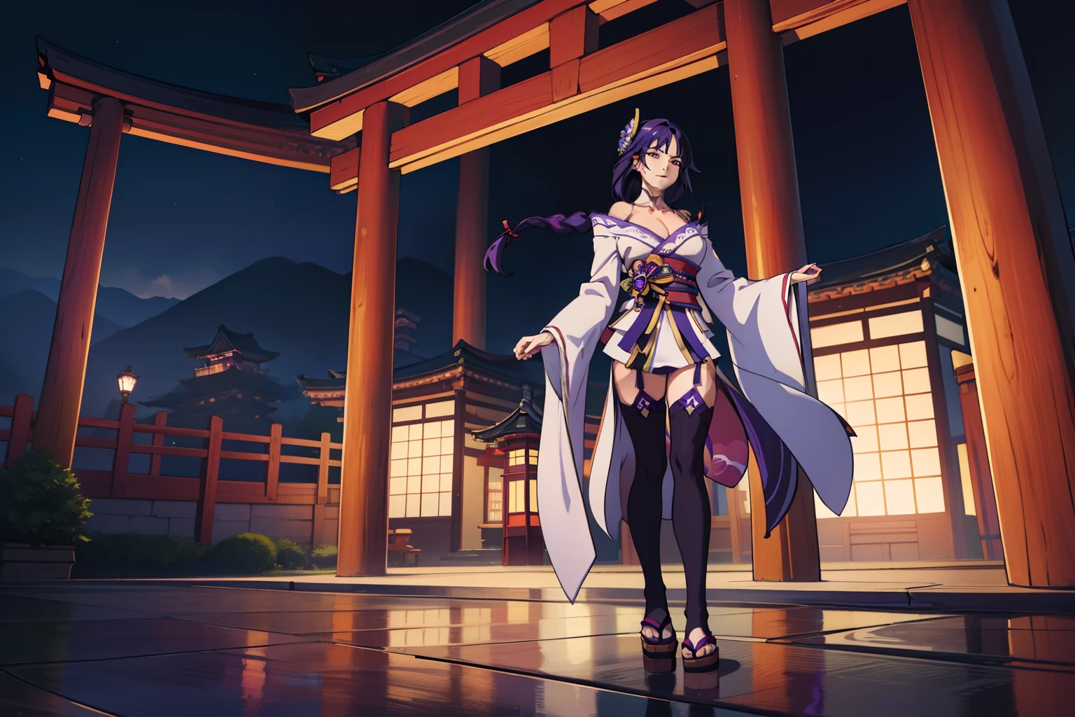 best quality, masterpiece, highres, 1girl,female,solo, mature female, raiden, 1girl, \n/, very long purple hair purple braid, hanfu,black clothes shoulders,(collarbone:0.9), hanfu,tang style, long black stockings, solo, full body, white kimono with purple details, walking to the japanese temple with red gates