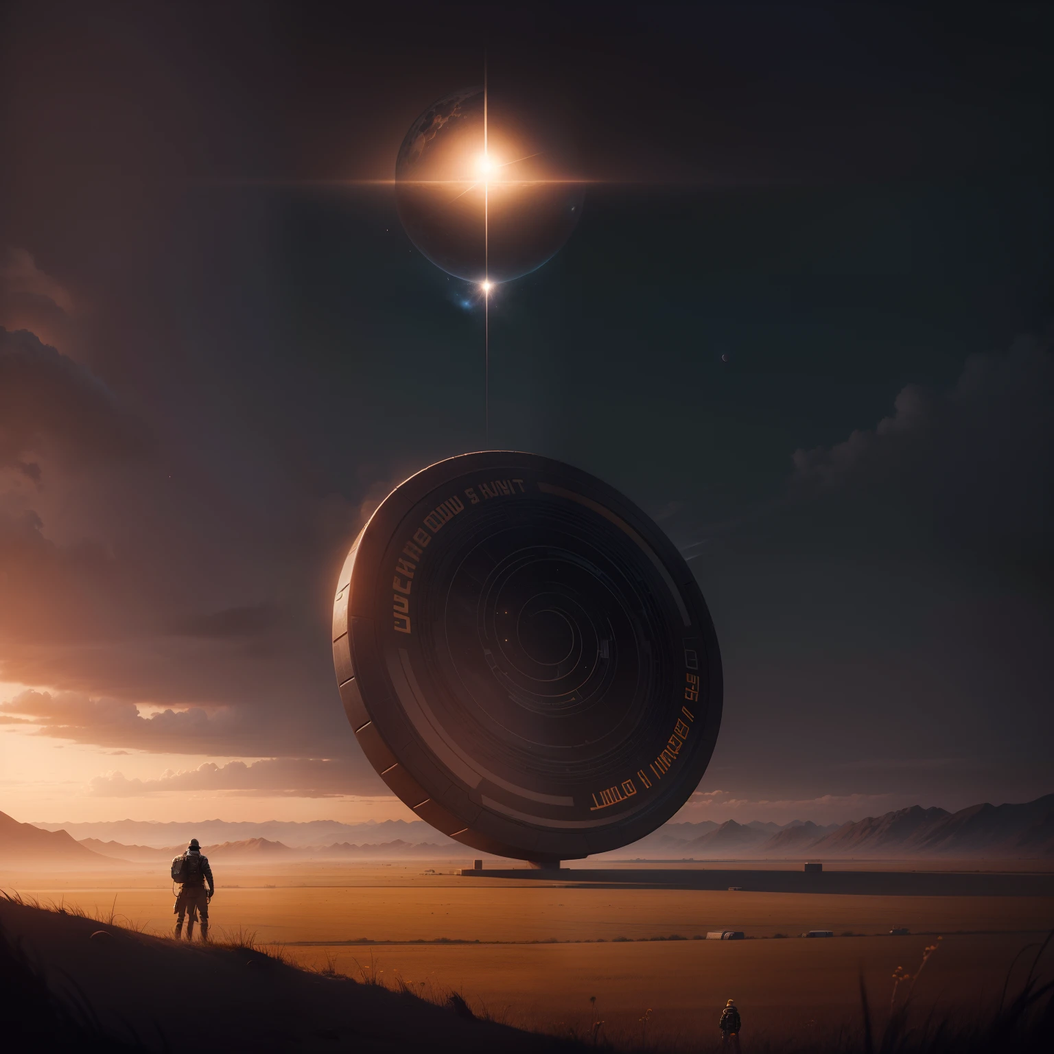 a man standing on top of an Coin in the middle of a field, a detailed matte painting by Ejler Bille, pixabay contest winner, space art, apocalypse art, ue5, dystopian art