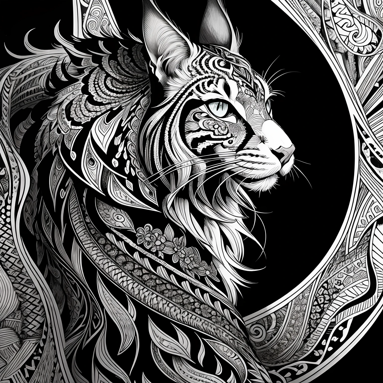 maincoon, black and white, zentangle (best quality) ultra-detailed, fine line drawing, fine line art, coloring book illustration style, intricate linework, highly detailed illustration, perfect composition, beautiful and stunning, dynamic angle, high contrast, incredible shading, incredible detail, unique style, black and white details, (dark and mystical atmosphere), intricate and detailed nature elements.