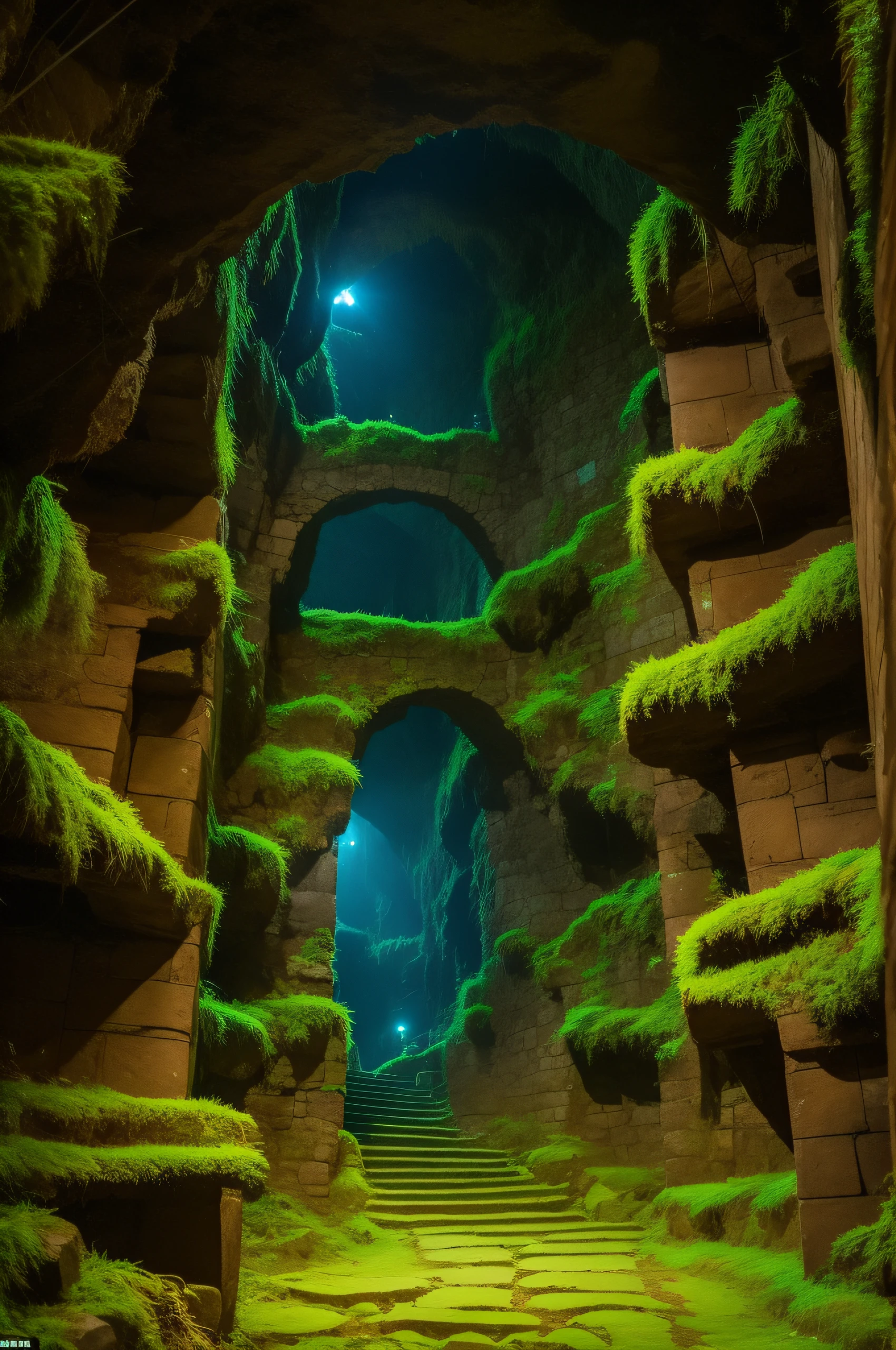 The Gvenvivar Panther in the Dark Labyrinths of the Underground City of Menzoberranzan, Gaming atmosphere, Dungeons, тема dungeons and dragons, luminescent moss on the walls of caves