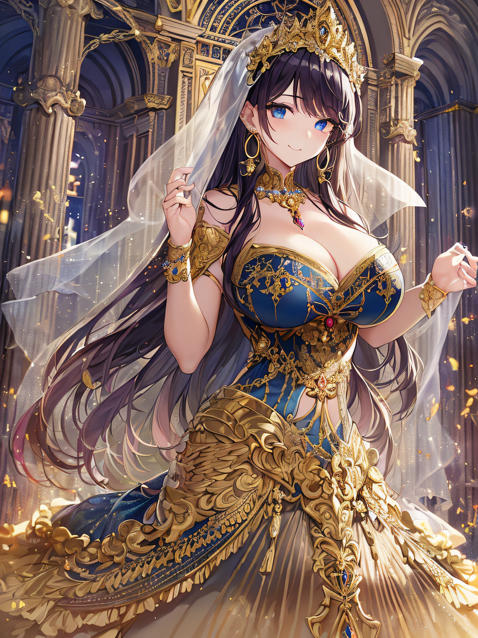 (anime artstyle),((Masterpiece,Best Quality,Super Detail,Very Delicate and Beautiful)),Solo,((full body,standing picture)),standing in the sacred cathedral,((Sacred atmosphere)),((1 Holy High Priestess in beautiful embroidery and jeweled gorgeous rococo ballgown with voluminous full length hoop skirt)),(crinoline),gorgeousfull embroidery,(gorgeous gemstone jewelry),(detailed face and eyes),jewel-like eyes,smile,((large amount of straight hair,extremely Long voluminous Hair)),Sacred Veil,((gigantic tits,Long tits,skindentation)),gorgeousfull embroidery,cleavage,extremely gorgeousfull hair ornament,(bling-bling extremely gorgeousfull jeweled tiara),gorgeous corsage,Stained glass,(Dynamic Angle),Looking at viewer,((full body)),((beautiful embroidery and jeweled gorgeous rococo ballgown with voluminous full length hoop skirt))