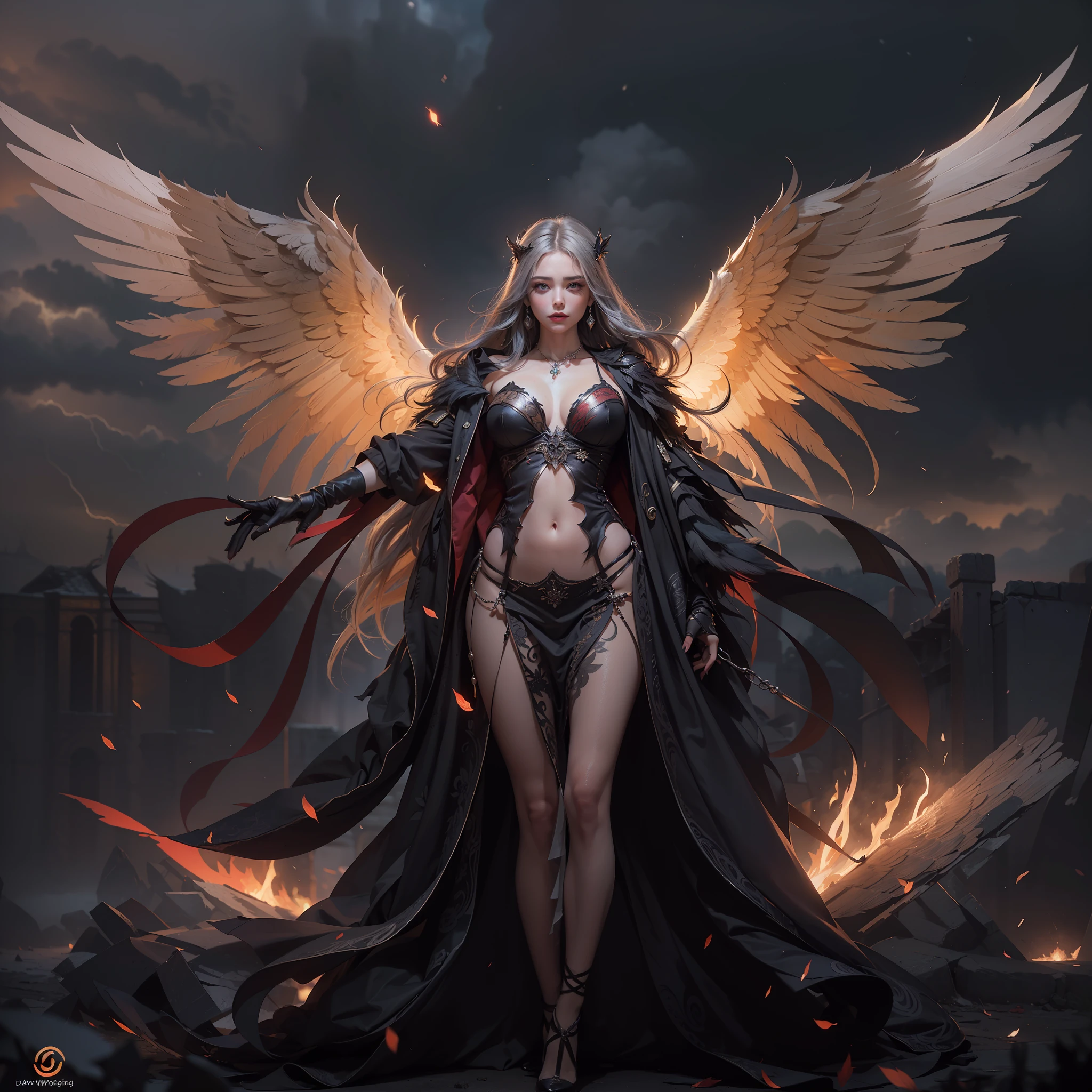 (number々Award-winning masterpieces of, with incredible detail, textures and maximum detail), (Hyper realistic:1.4), (Realistic:1.3), (Top quality real texture skins), (Draw the whole body:1.7), (Fine true circle symmetrical eyes), (Finely drawn beautiful face), (Decadent imagery: 1.5), (Aesthetic image: 1.5), Lewd and seductive images, Red bewitching pupils、((medieval world)), ((Fallen Angel)), Black wings on the back、 (She has a mischievous smile on her face), (Eyes that glow red in the dark:1.5), large full breasts、slim waist、Big ass、(Deep black costume with delicate and elaborate patterns:1.4), (Many fallen angels dancing in the background:1.3), (Dramatic light), (A majestic sight), (Her countenance is gentle and beautiful, however、Somehow horrible), ((Large wings with feathers behind shoulders)), (Draw the whole body:1.7), (Folded wings), Glass earrings on the ears, (((dramatic photography))), (Twilight), (Sunset), (Dusk), (Seduction poses), (dramatic pose), (Silver hair), Long, ((full-length portrait)), (Around her neck is a simple necklace of exquisite workmanship), (Swirling flames), (Swirling lightning), (Swirling ice and snow), (Draw the whole body:1.7), Old ruins infested with plants, great temple, great cathedral, temple ruins, detached temple, Luminous magic circle, Ruins of an ancient castle, Deserted ruins, crumbling ruins, Ancient ruins with clear water, Shining majestic cloud masses and sky, lightning bolt, Epic Realistic, ((Neutral colors)), (nffsw:1.5), (Muted colors:1.2), Hyper Detailed, Cinematic, Warm lights, Dramatic light, (Intricate details:1.1), Lots of black crosses background,