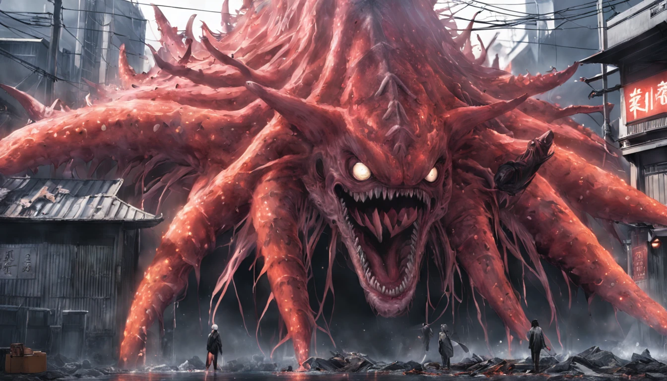movie picture quality,Real Photographics,Hyper-realistic,scary movie lighting,(Super giant starfish monster:1.5),Extremely large,blood vess,frotting,Murderous,Raging in Tokyo, Japan,(Destroyed buildings:1.4),Collapsed walls,fire glow,The frivolous clown kimono Japanese are on the run,depth of fields,high light,Real light,Ray traching,oc rendered,Hyper-realistic,best qualtiy,8K,Works of masters,super-fine,Detailed pubic hair,Correct anatomy,sharp focus on eyes,Bokeh,Facial features are carefully depicted