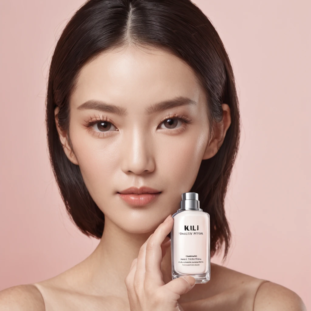 ,A Chinese woman holds a bottle of perfume in both hands,Take photos for skincare brands,beauty campaign,H3H3,Taoist,shot of,beauty retouch,Cool and bright tones,Dua Lipa,Official Product Pictures,inspired by Luo Ping,clean face and body skin