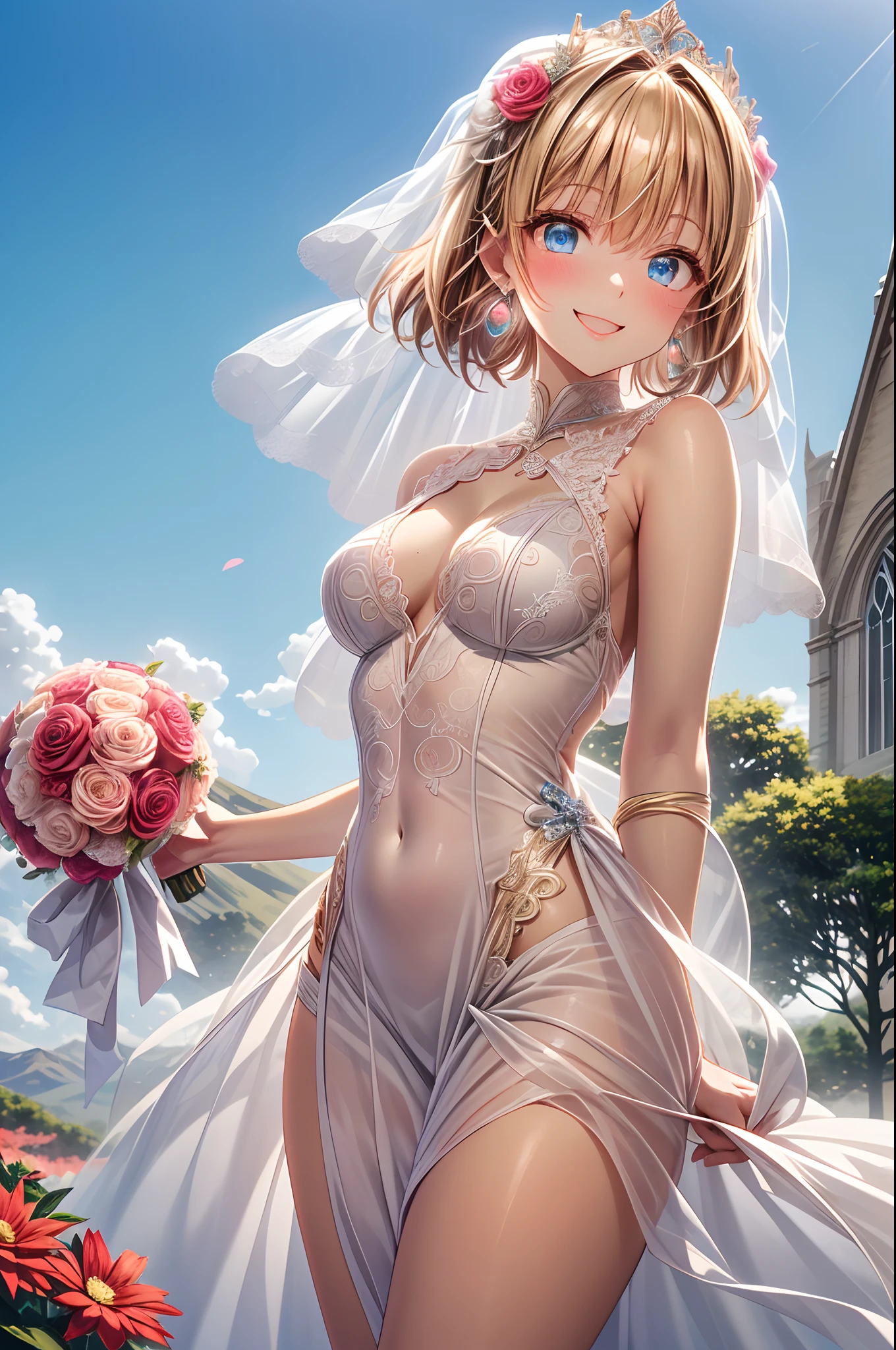 absurderes, ultra-detailliert,bright colour, extremely beautiful detailed anime face and eyes, view straight on, ;D, shiny_skin,25 years old, Shiny hair, Delicate beautiful face, red blush、Blue eyes, White skin, hair clips, earrings, Beautiful skyline,(magnificent sky),(Happy smile:1.4),beautiful and delicate eyes,Cute Girly,Perfect slim body,(weddingdress:1.5),View of the church,Pure eyes,The skin is smooth like a baby,(Stand on a high mountain and look at the sky:1.3),lakes,(Colorful flowers and plants:1.3)