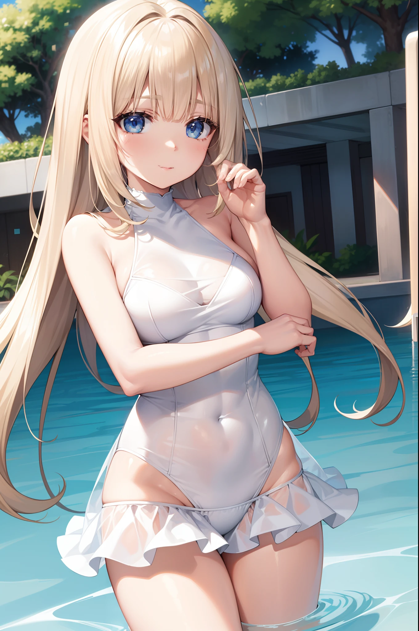 plein air、Swaying bangs、ultimate beauty girl、Care for bangs、hair care、Very beautiful 18 year old cute girl、a miniskirt、shiny white young beautiful skin、Sexy and very beautiful good looks、Very cute face with ultimate beauty、Super Long Bright Natural Platinum Blonde Hair、Smooth straight hair、Big blue eyes with radiant transparency、swim wears、swimming pools,