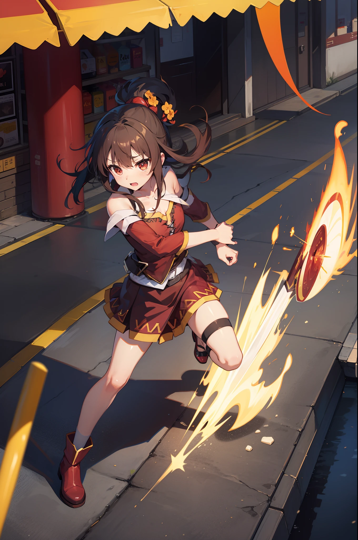 masuter piece, Best Quality, 超A high resolution, top-quality, Anime style, The best lighting, Beautiful face, Lin Xiaoyu, Lin Xiaoyu, (Black hair:1.3), (Brown eyes:1.4), swept bangs, Twin-tailed, (Small breasts:1.2), BREAK black gloves, 手链, chinese clothes, Feather trim, Fingerless gloves, gloves, mary janes, Orange footwear, shoes, single glove, Sleeveless, Dress, Orange dress, BREAK looking at viewer, Break indoors, BREAK (masutepiece:1.2), Best Quality, High resolution, Unity 8k壁纸, (Illustration:0.8), (Beautiful detailed eyes:1.6), extra detailed face, Perfect Lighting, extremely details CG, (Perfect hands, Perfect Anatomy), 1girll, (Arena background:1.2), kawaii faces, Laughing, up of face, Do not draw people in the background
