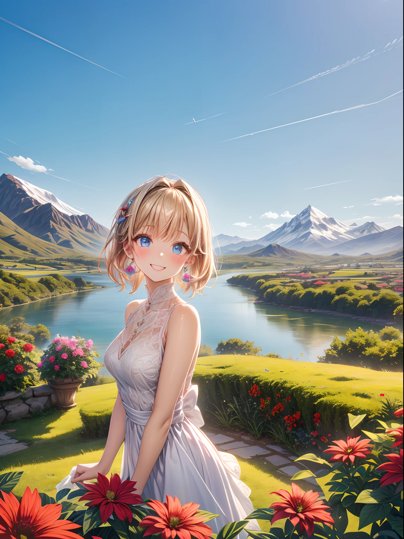 absurderes, ultra-detailliert,bright colour, extremely beautiful detailed anime face and eyes, view straight on, ;D, shiny_skin,25 years old, Shiny hair, Delicate beautiful face, red blush、Blue eyes, White skin, hair clips, earrings, Beautiful skyline,(magnificent sky),(happy smile:1.4),beautiful and delicate eyes,Cute Girly,Perfect slim body,Pure White Wedding Dresses,Pure eyes,The skin is smooth like a baby,(Stand on a high mountain and look at the sky:1.3),lakes,(Colorful flowers and plants:1.3)