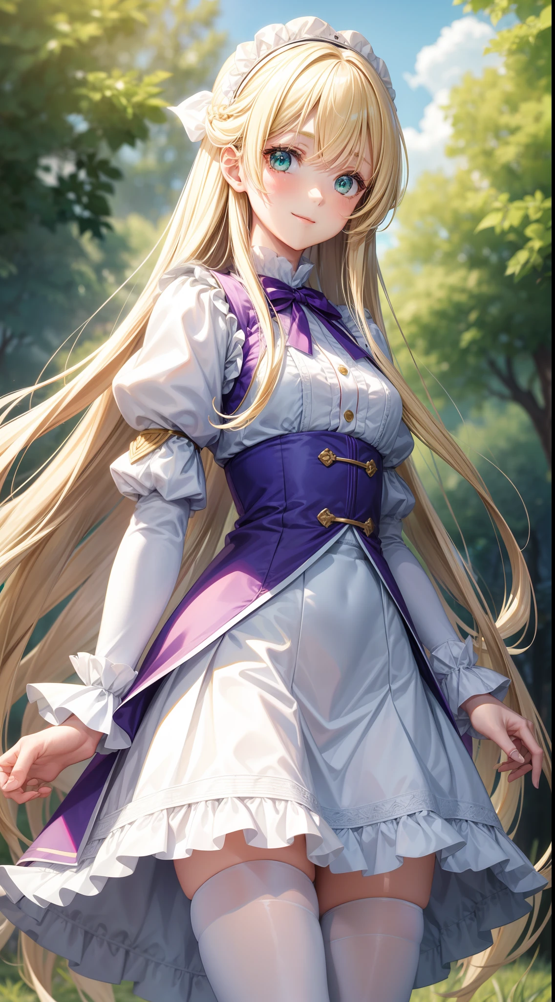 young girl, Long blonde hair with white strands, Green eyes, White King Top, puffy sleeves, fluffy short skirt, purple tights, ssmile, Masterpiece, hiquality