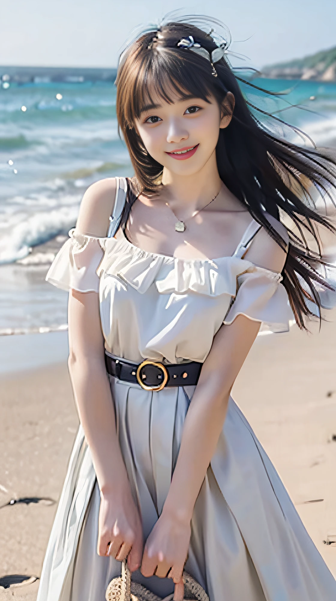 Coastal beauty, 1girl, (bright eyes, sun-kissed skin, carefree expression), beach background, lighthouse, soft sea breeze, playful pose, dynamic composition, golden hour lighting, blurred background, rich colors, fine details, surreal, 50mm lens, relaxing atmosphere. Portrait photography, 35mm film, natural blur, (white chest wrap, white bow belt),  girl, good fingers, smile