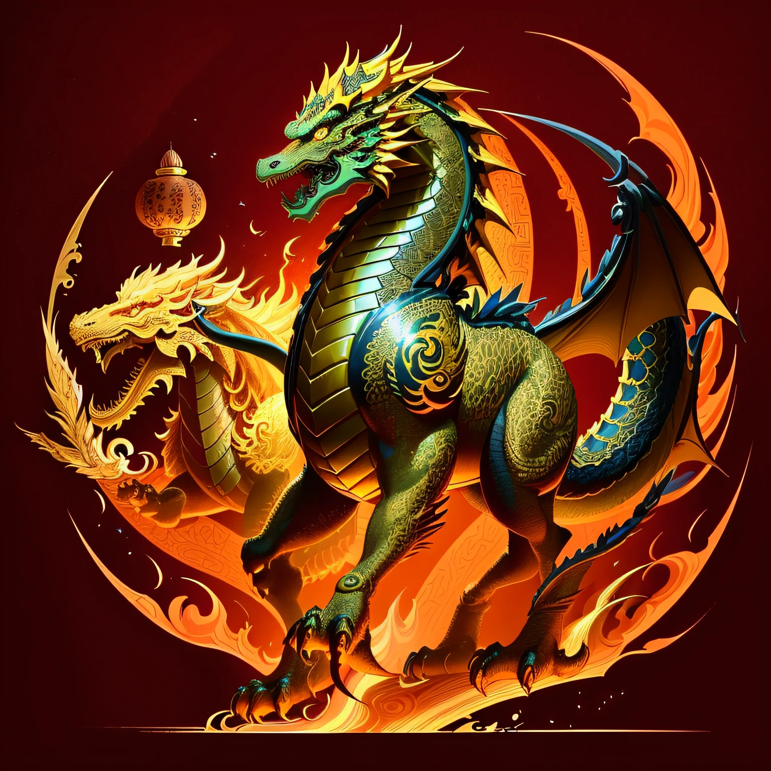 There is a golden dragon,There is a fish on the back, chinese dragon engrave, Chinese Dragon, smooth chinese dragon, Golden dragon, fire lion, a majestic gothic indian dragon, chinese dragon concept art, colored illustration for tattoo, ancient chinese ornate, mythological creatures, digital painting of quetzalcoatl, majestic japanese dragon, Dragon, asian dragon as latte art