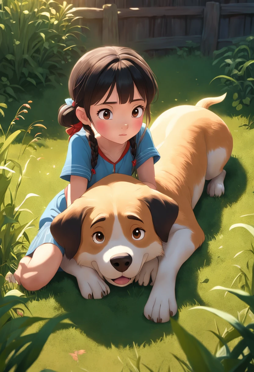 movie picture quality，Disney animation，style of disney animation，Disney movie animation，3D movies，China-style， girl with short pigtails resting in the yard of the field holding a huge fat dog，depth of fields，high light，Real light，Ray traching，oc rendered，Hyper-realistic，best qualtiy，8K，Works of masters，super-fine，Detailed pubic hair，Correct anatomy，sharp focus on eyes，Bokeh，Facial features are carefully depicted