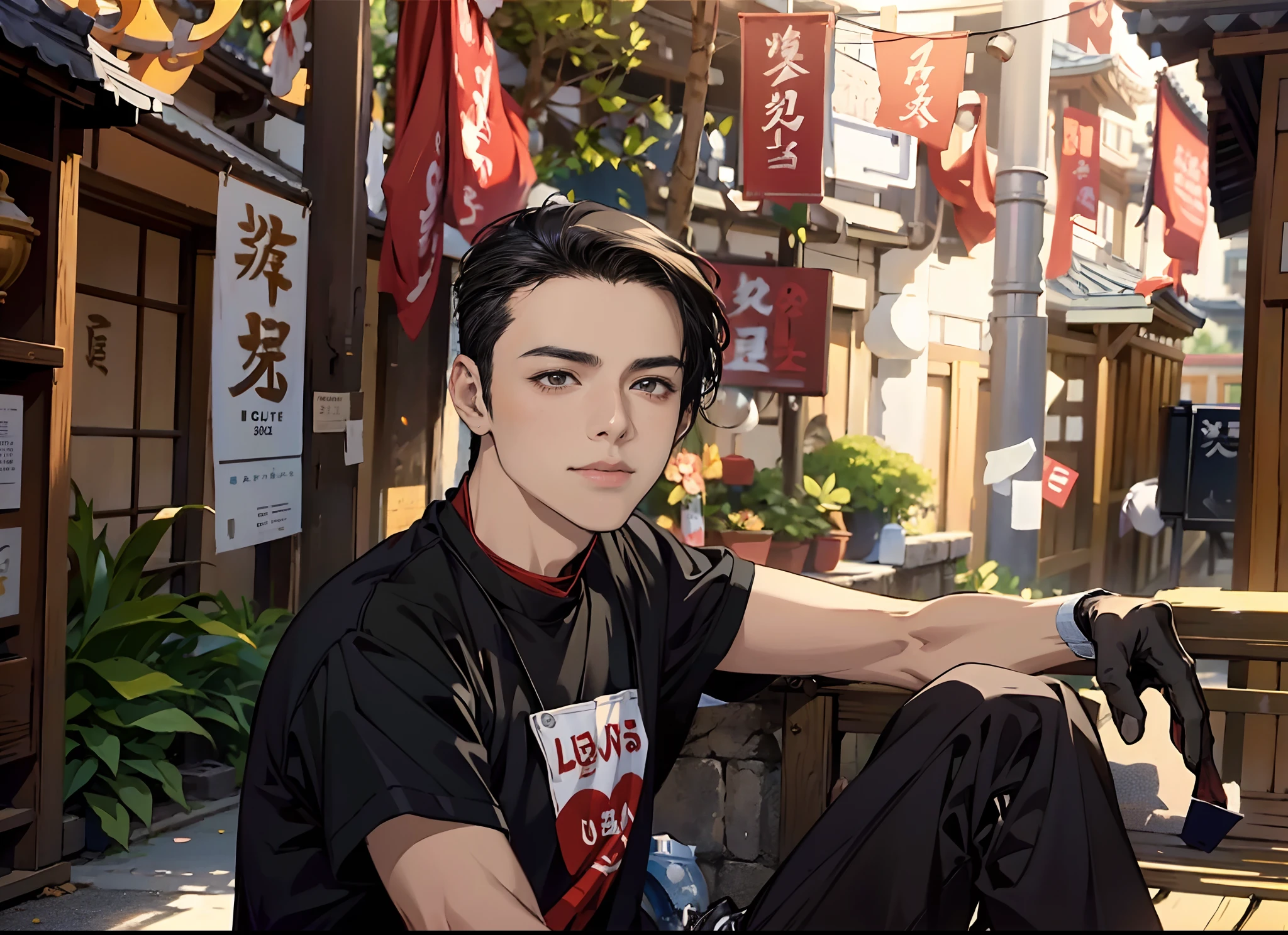 Young handsome Anime Guy, there is a man sitting on a bench in a temple, profile picture 1024px, photo taken in 2020, old picture, around 19 years old, 4k, masterpiece