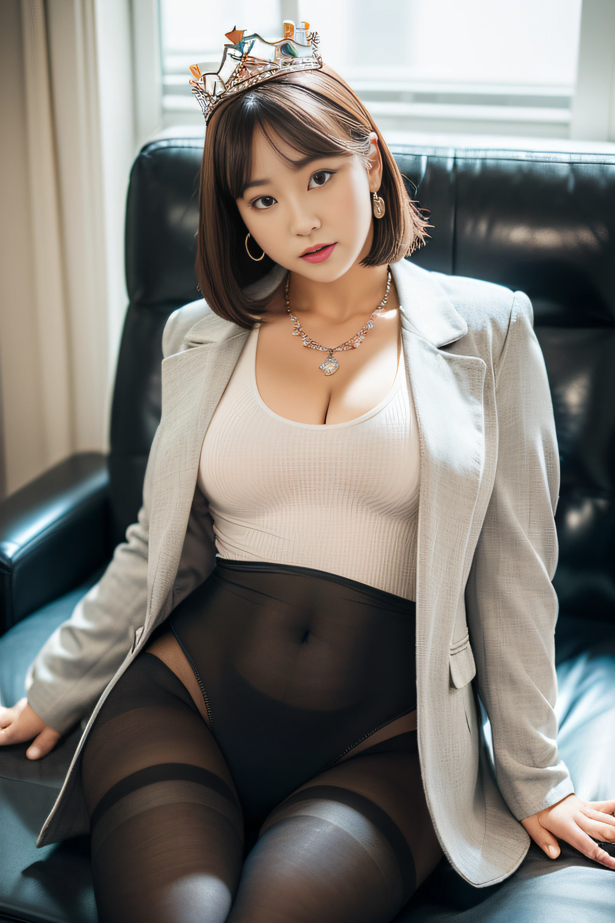 ((BBW BBW:1.3))、Beautiful chubby 35-year-old office lady is alone in the room、((Wearing a white bodysuit up to the inseam:1.4))、((Black pantyhose:1.3))、((Wearing a gray short-length suit jacket over the upper body:1.2))、(The bodysuit has a white floral pattern from the abdomen to the thighs:1.4)、Short-cut for all black hair、(simple tiara:1.2)、Expensive necklaces and earrings、Bright living room full of natural light、noticeable bulge in the crotch area,,、You can see the line that cuts into the crotch