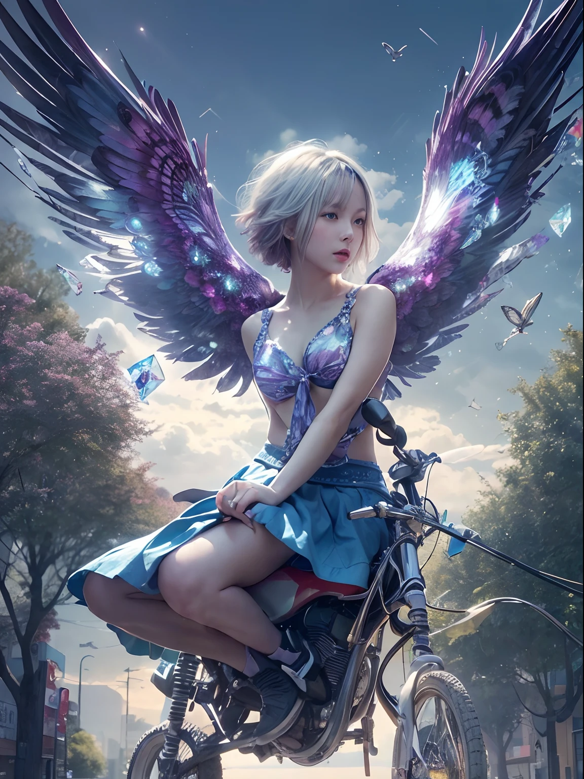 (Best Quality, Masterpiece: 1.1), (Realistic: 1.4), Beautiful naked ******girl is riding on the purple hawk, god ray, teen, silver short hair, blue eyes, full body, from below, hourglass body shape, flying over the park,crystallineAI,fractal art,splash