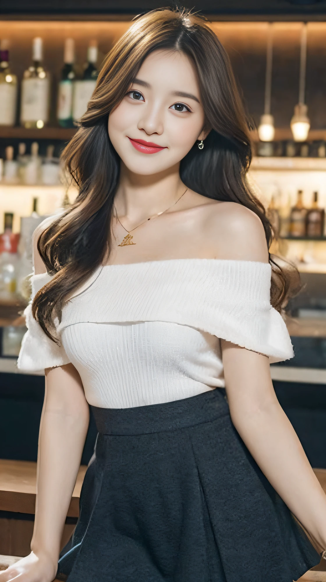 A superb exquisite real beautiful girl, golden long curly hair, extremely exquisite facial features, peerless beautiful girl, collarbone off-the-shoulder, white crop top shirt, black JK skirt, exposed legs, sweet smile, soft, dreamy quality, light white and dark brown, exaggerated facial features, solid color, frank off-white, surreal, blue gemstone necklace, ultra-clear, beautiful young girl, cute and lively, super short leggings, background at the bar counter