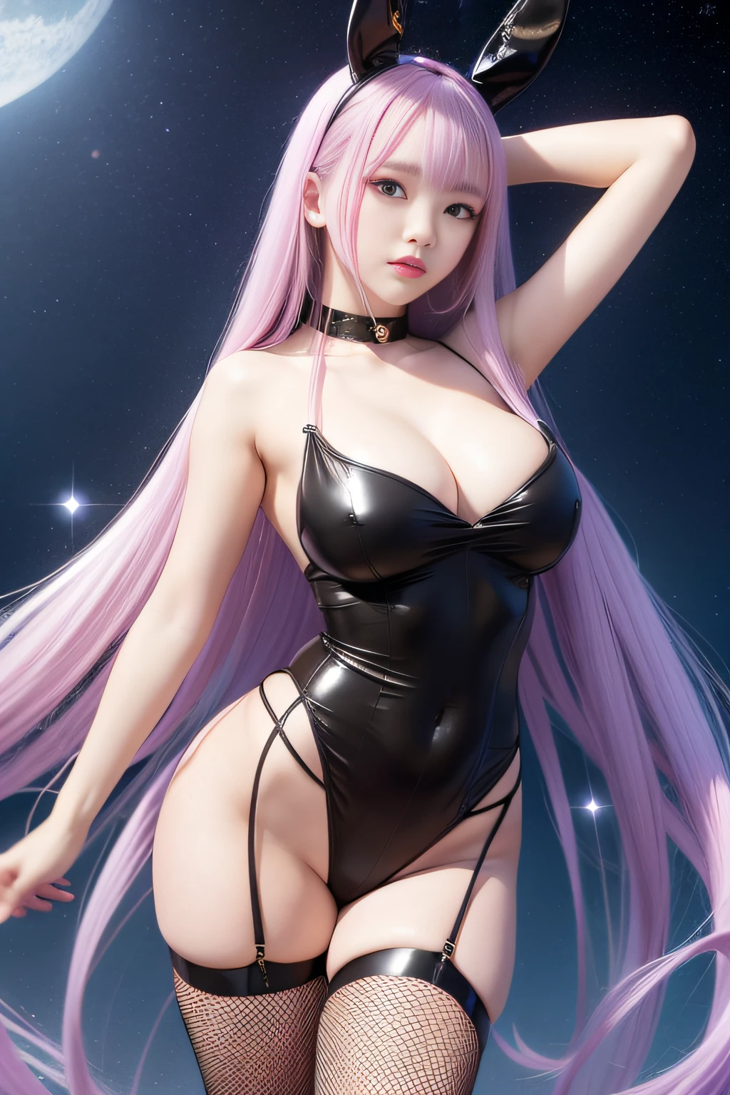 (Thin eyebrows:0.5)、(thin lipss:0.8)、(small nose:0.8)、dance pose、bunnygirl、bunnysuit、fishnet tights、garterbelts、rabbitears、(absurdly long hair:1.5)、Hair that flutters in the wind、infp young woman、A slight smil、(the perfect body:1.4)、(small nipple:0.7)、Big breasts、Huge breasts、huge-breasted、By Michelangelo、Night sky background、natta、ulzzang -6500-v1.1