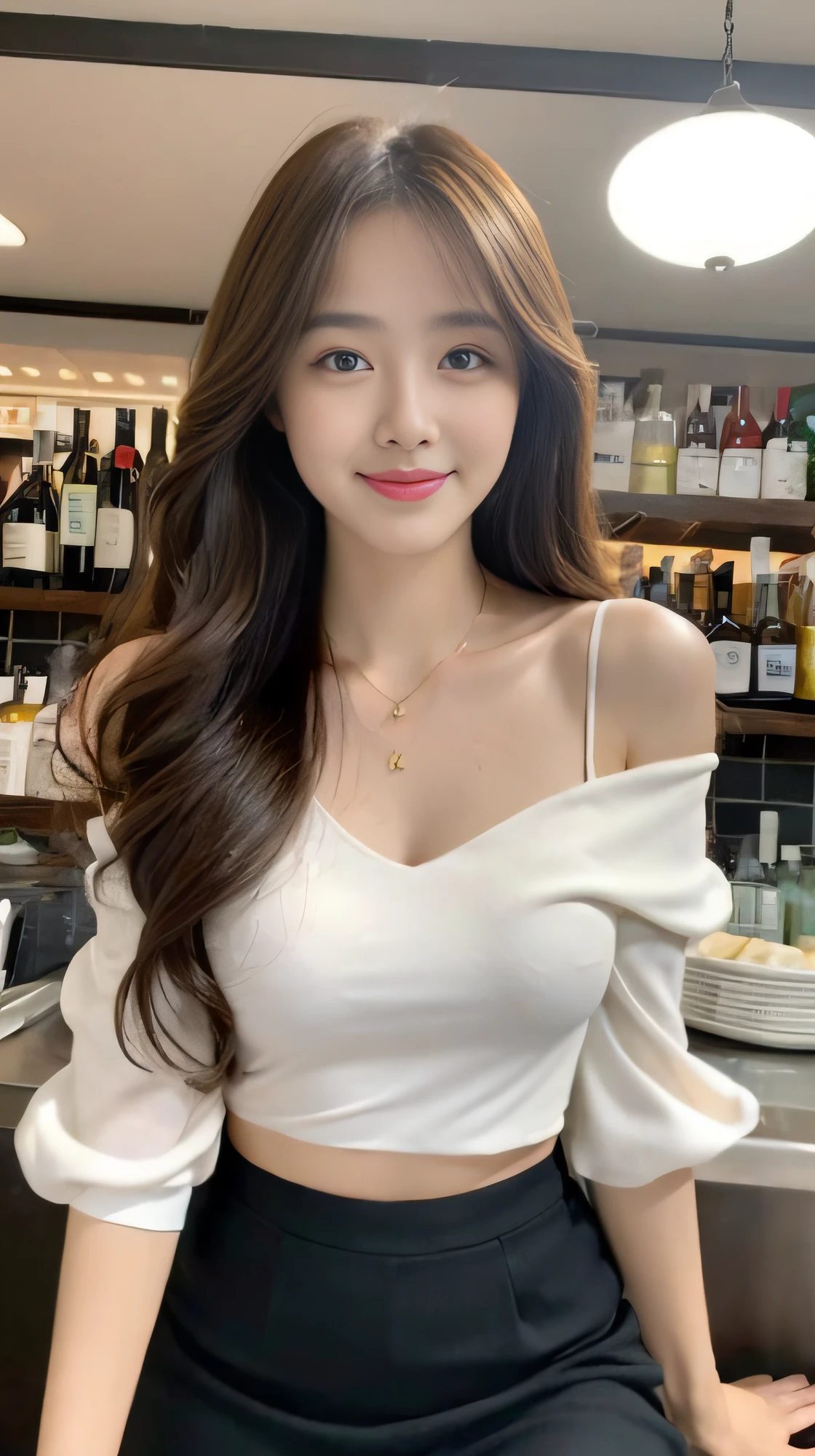 A superb exquisite real beautiful girl, golden long curly hair, extremely exquisite facial features, peerless beautiful girl, collarbone off-the-shoulder, white crop top shirt, black JK skirt, exposed legs, sweet smile, soft, dreamy quality, light white and dark brown, exaggerated facial features, solid color, frank off-white, surreal, blue gemstone necklace, ultra-clear, beautiful young girl, cute and lively, super short leggings, background at the bar counter