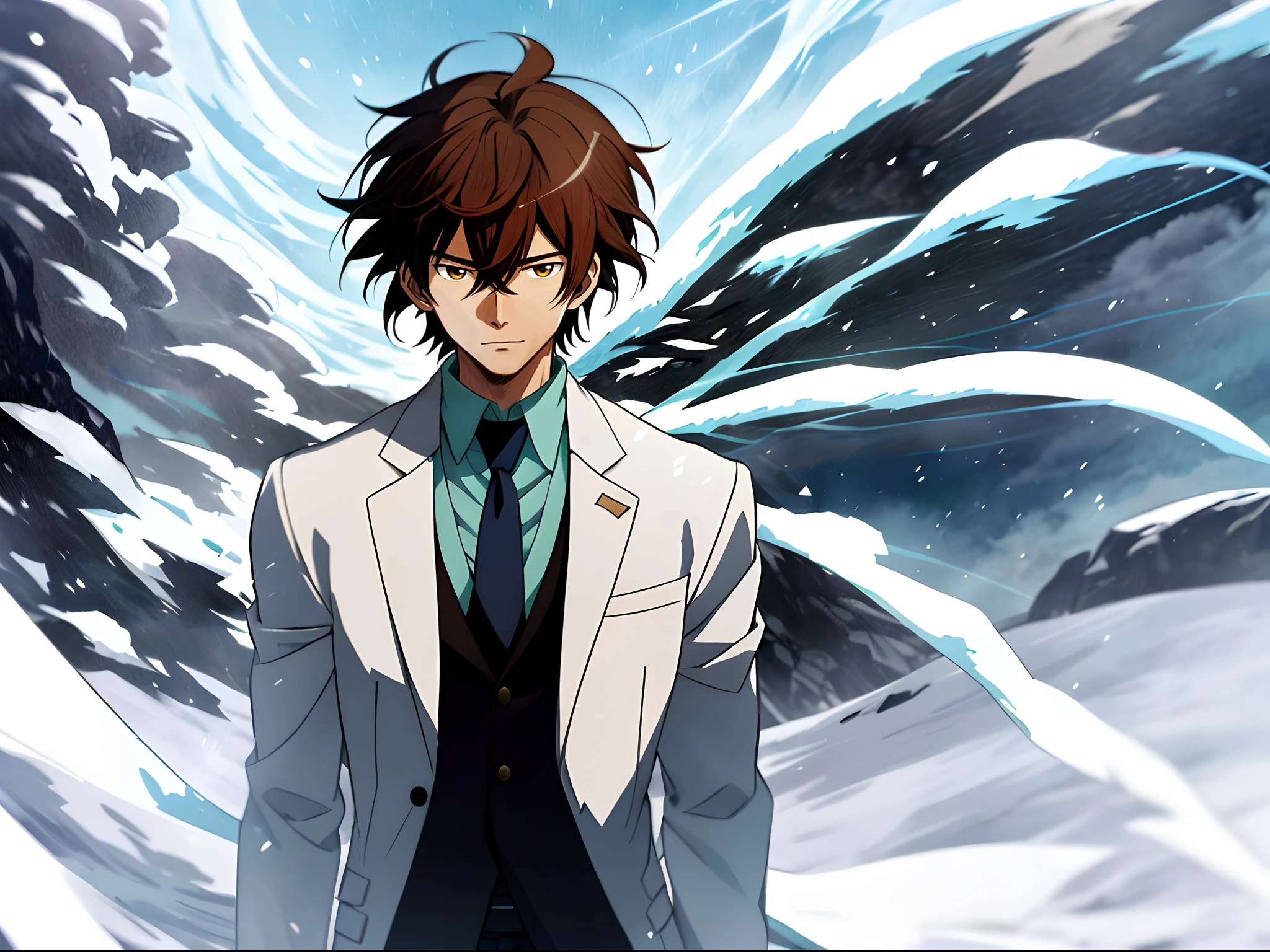Anime image of a brown-haired man in a white suit and blue tie standing in the snow, Shinkai sincerely, New Xiangcheng, Honest, ryuta ueda artwork, offcial art, Anime handsome man, inspired by Hisui Sugiura, koyoharu gotouge, inspired by Okumura Togyu, hijikata toushirou, makoto kano