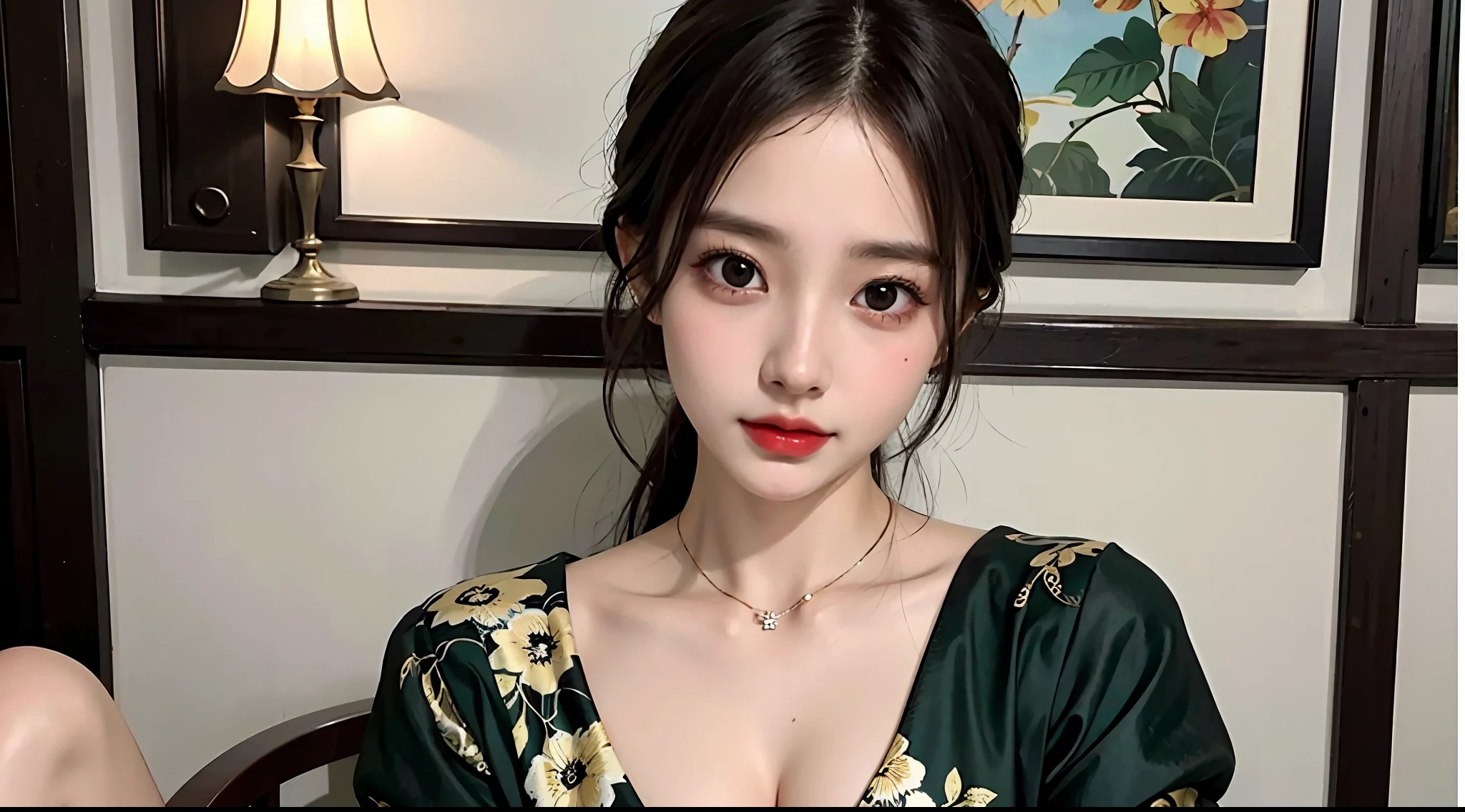 (A half body,Close-up,closeup cleavage),Arakfi Asian woman sitting in chair,Wearing a green and gold dress, Palace , A girl in Hanfu, Hanfu, Cheongsam, with acient chinese clothes, Traditional beauty, Traditional Chinese clothing, Wearing ancient Chinese clothes, Chinese style, Chinese dress, Chinese costume, Chinese traditional, Chinese girl, Inspired by Huang Ji, wearing ornate silk clothes,Redlip