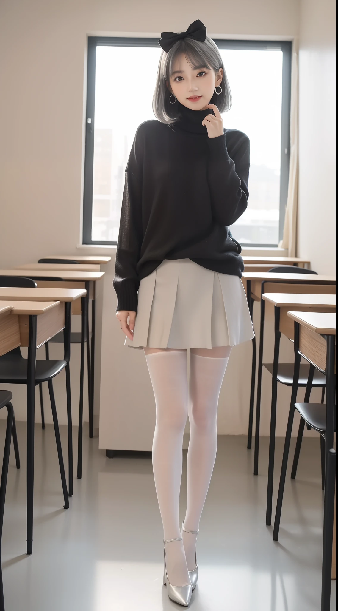(true to life,Photorealistic 1.5),((best qualtiy, 8K, tmasterpiece:1.3)),SLR camera (二重まぶた,largeeyes:1.3),(smile1.5),(Full body photo 1.5)(One person 1.5)Clear focus 1.2, Perfect body beauty:1.4 , Delicate skin1.1,(Short silver-white hair 1.6),(Fashion watch 1.4),(Pure desire 1.3)(Black pantyhose 1.5)(The leg length is 1 meter 21.5),Slender legs,Slender legs,Single room sweater,Bow knot,pleatedskirt,With earrings,bangle,Classroom,