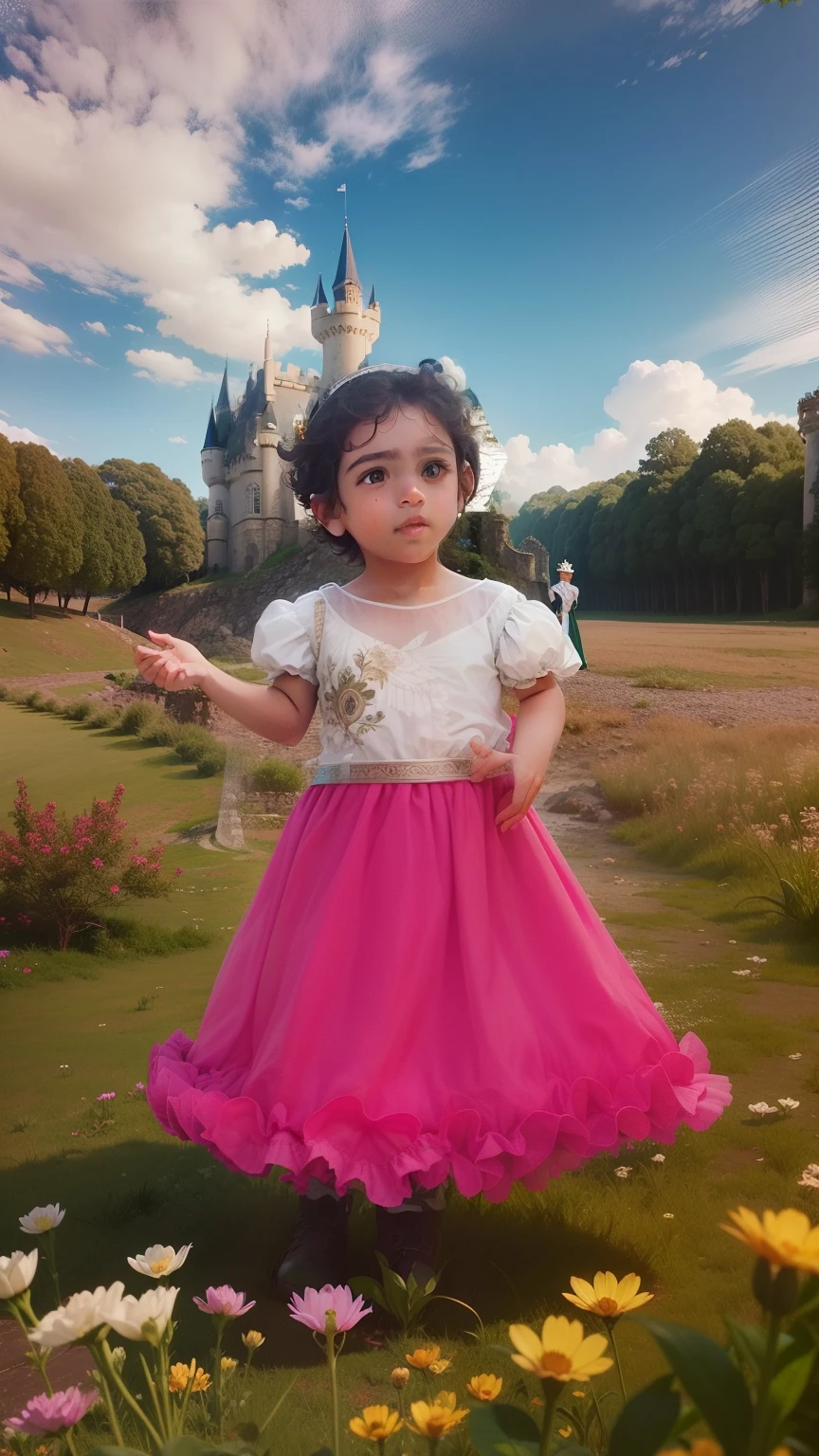 Along the secluded stone pathway of an Irish castle garden in the 1990s, a ten Indian girl, with a braid adorned with wildflowers, discovers a hidden archway covered in ivy, surrounded by blooming roses and moss-covered statues.