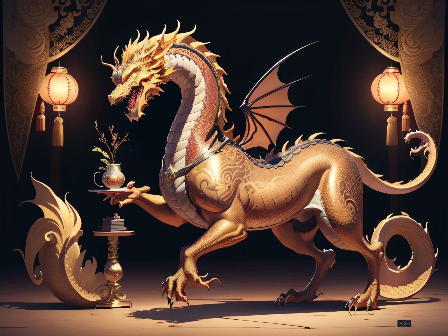 There is a golden dragon,There is a fish on the back, chinese dragon engrave, Chinese Dragon, smooth chinese dragon, Golden dragon, fire lion, a majestic gothic indian dragon, chinese dragon concept art, colored illustration for tattoo, ancient chinese ornate, mythological creatures, digital painting of quetzalcoatl, majestic japanese dragon, Dragon, asian dragon as latte art