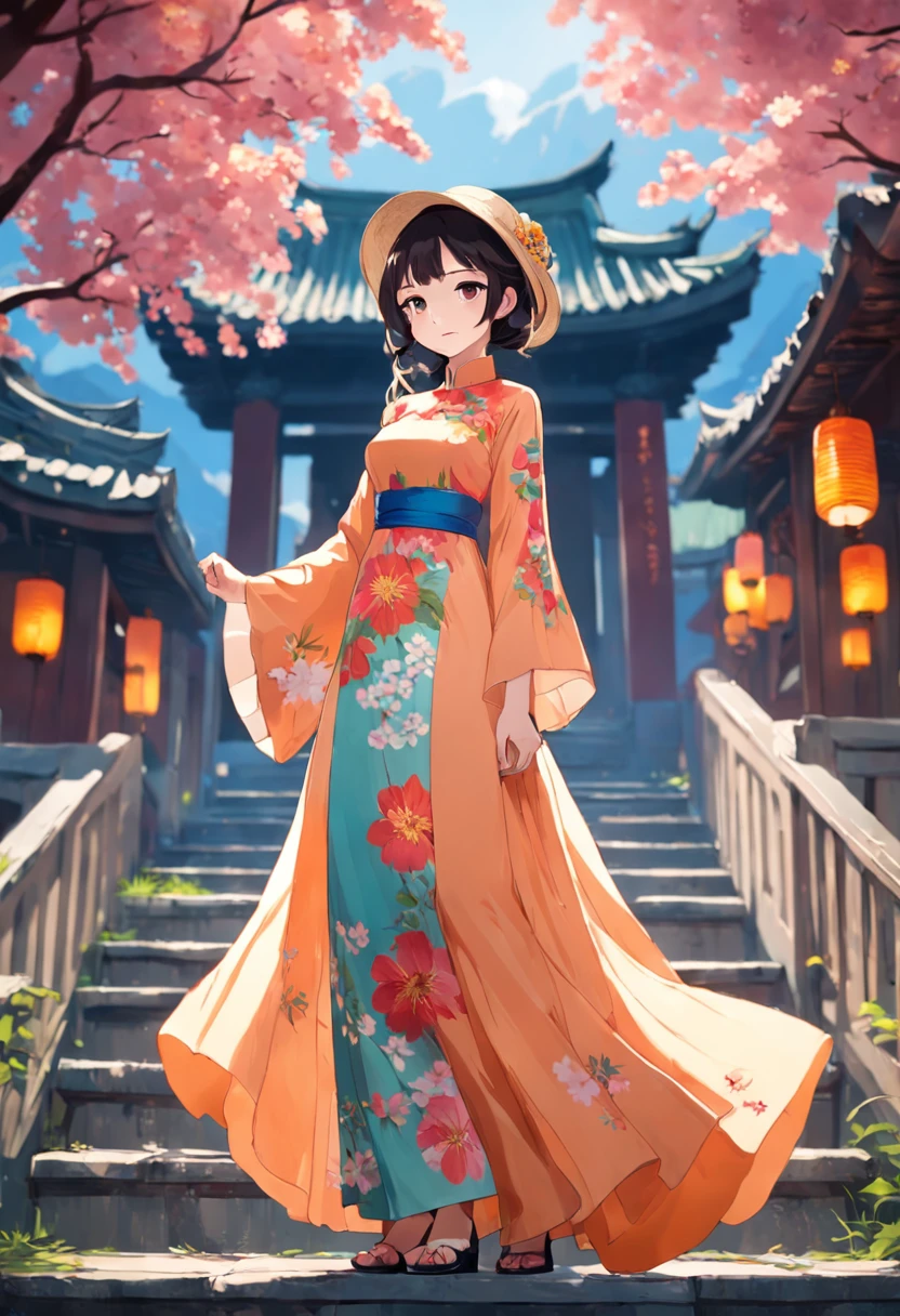 there is a woman in a colorful dress and hat standing on steps, ao dai, wearing a long flowery dress, in style of lam manh, wearing a long dress, vietnamese woman, wearing floral chiton, beautiful lady, posing elegantly over the camera, traditional tai costume, dressed in a flower dress, posing elegantly, wearing a wonderful dress, gorgeous lady