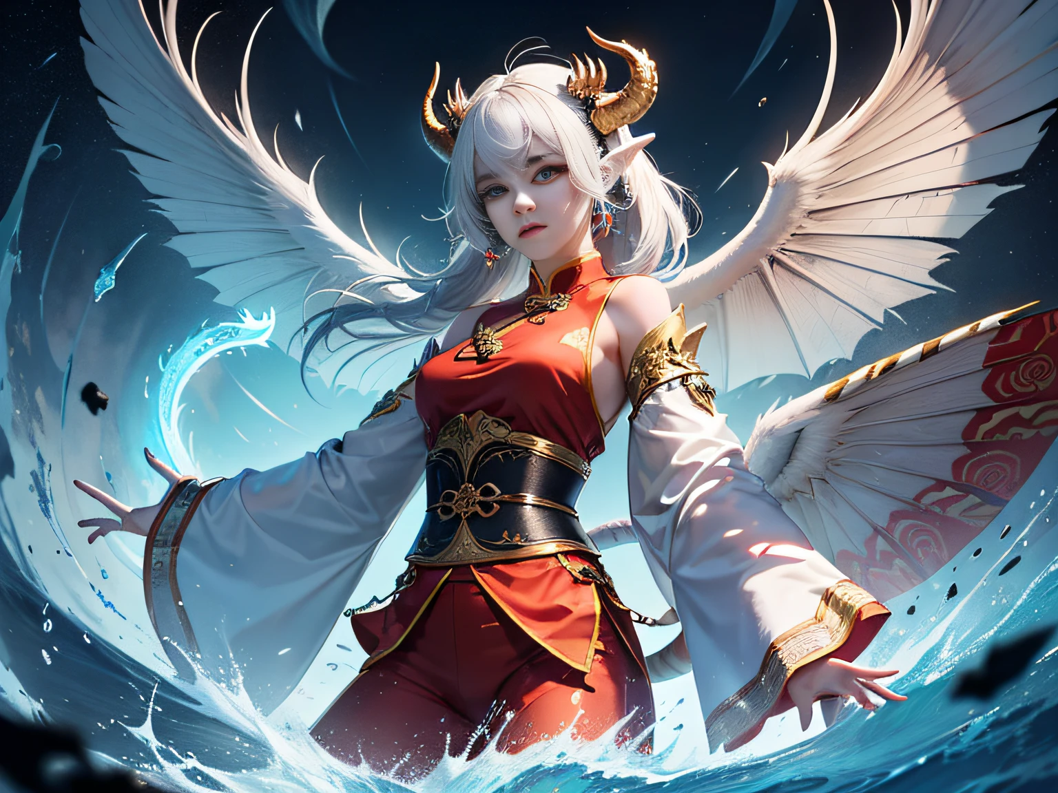 tmasterpiece,A high resolution,CG animation,Realisticstyle,(Pixiu, an ancient Chinese mythological creature,The body is a tiger,faucet,Dragon tail,Has wings,Off-white hair,The head has double horns)