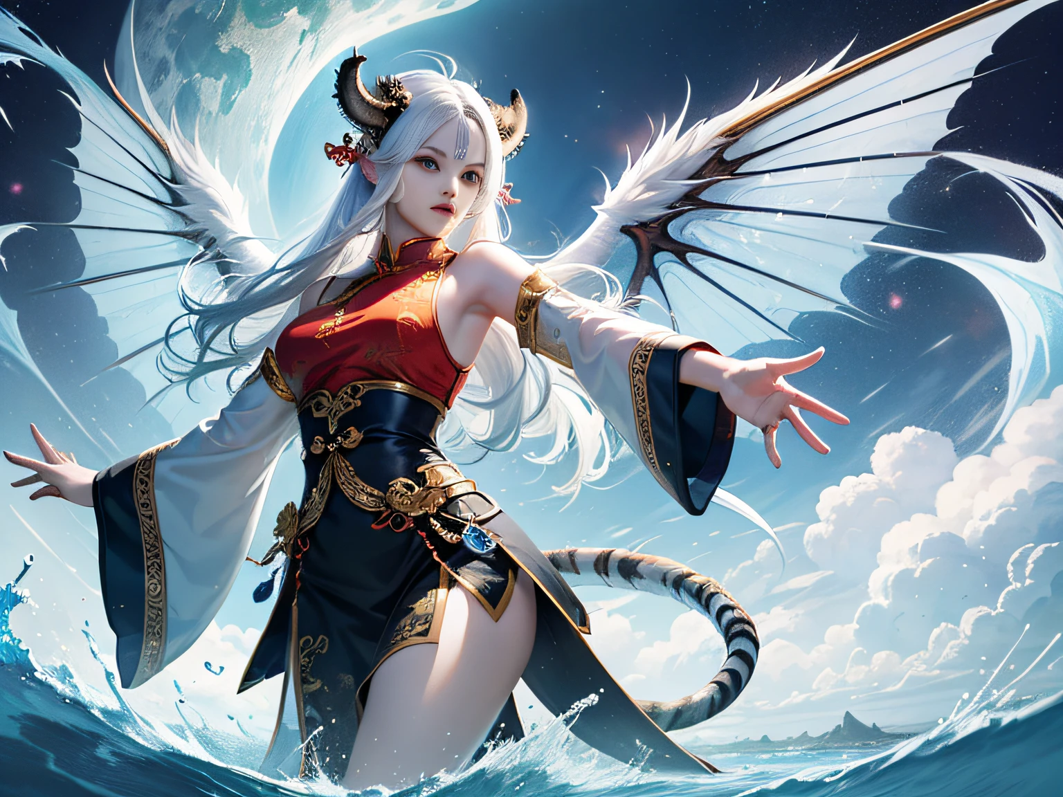 tmasterpiece,A high resolution,CG animation,Realisticstyle,(Pixiu, an ancient Chinese mythological creature,The body is a tiger,faucet,Dragon tail,Has wings,Off-white hair,The head has double horns)