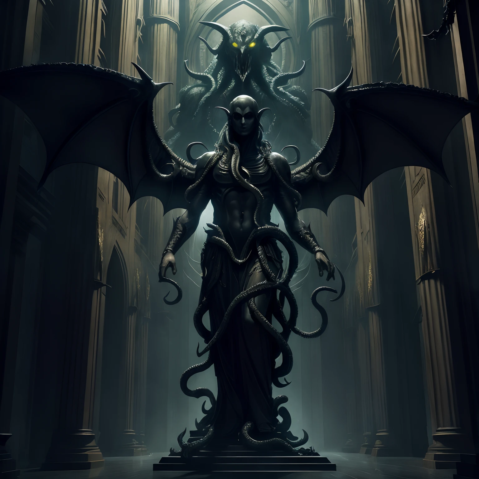 arafed statue of a demon with a large head and a huge tail, an ominous fantasy illustration, lolth, symmetrical epic fantasy art, dark fantasy concept art, dan mumford tom bagshaw, diablo digital concept art, lovecraftian inspiration, dark fantasy style art, eldritch god, dark goddess with six arms, dark fantasy illustration, dark fantasy art