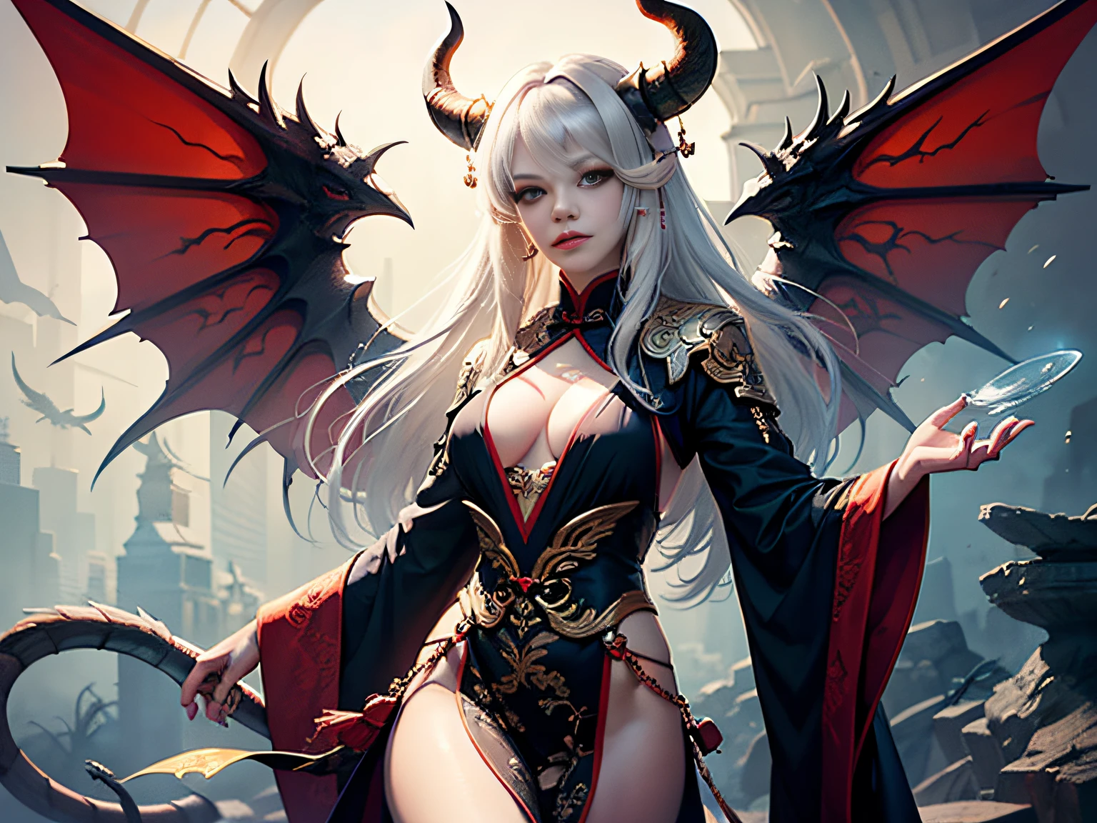 tmasterpiece,A high resolution,CG animation,Realisticstyle,(Pixiu, an ancient Chinese mythological creature,The body is a tiger,faucet,Dragon tail,Has wings,Off-white hair,The head has double horns)