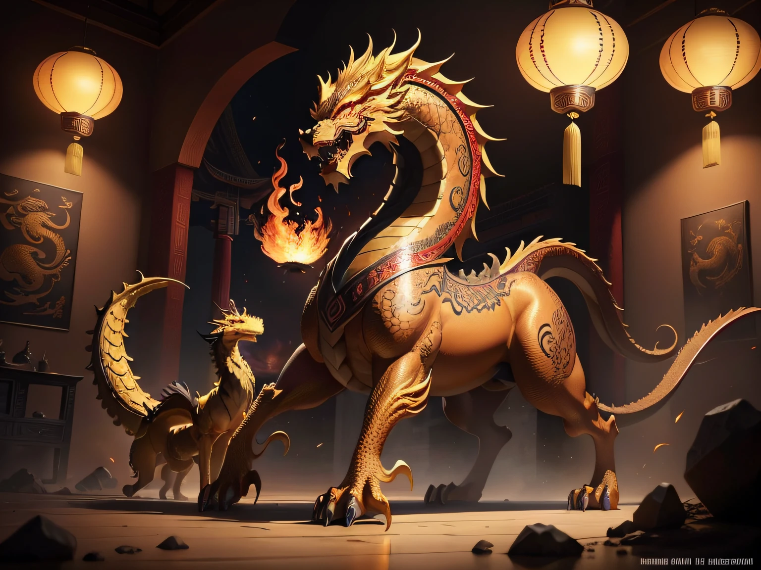 There is a golden dragon,There is a fish on the back, chinese dragon engrave, Chinese Dragon, smooth chinese dragon, Golden dragon, fire lion, a majestic gothic indian dragon, chinese dragon concept art, colored illustration for tattoo, ancient chinese ornate, mythological creatures, digital painting of quetzalcoatl, majestic japanese dragon, Dragon, asian dragon as latte art