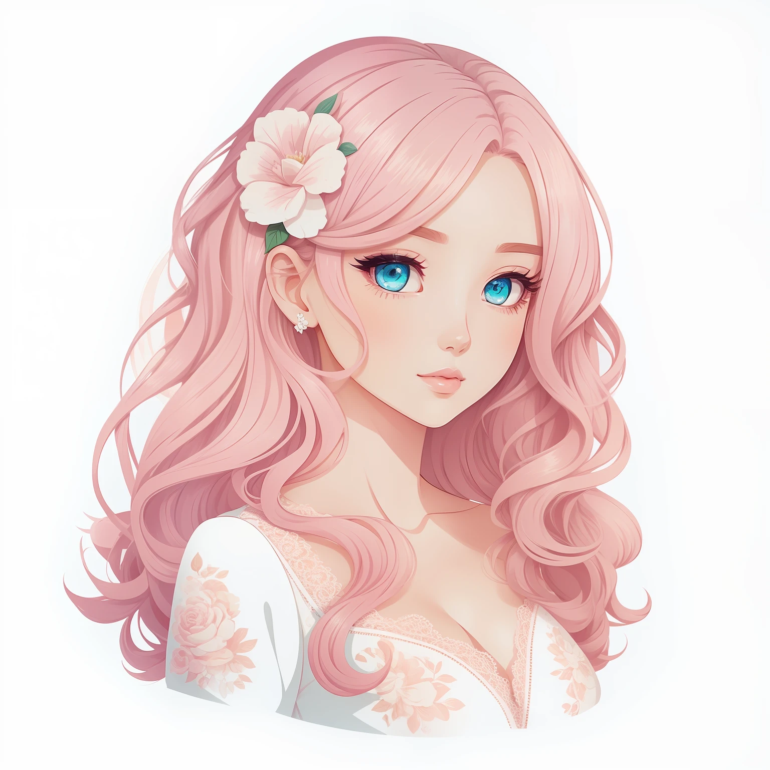 a woman 25 years old, wavy pink hair, beautiful eyes and delicate makeup. She is wearing a white dress with floral details. Digital illustration style, Cartoon illustration style, Beautiful art style, Trends in Artsration, cute digital illustration, beautiful digital art, cartoon art style, cute detailed digital art, exquisite digital illustration, Cute drawing style, Cartoon style Awesome art, vector art style, digital anime illustration, 2d illustration