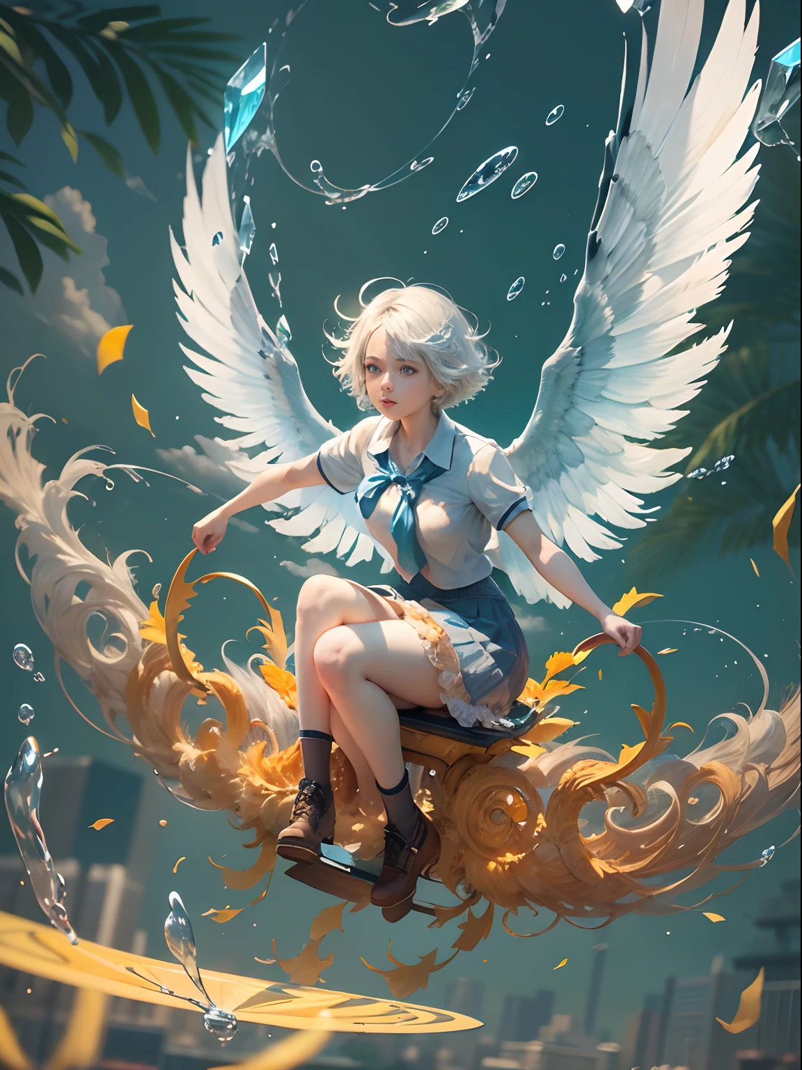 (Best Quality, Masterpiece: 1.1), (Realistic: 1.4), Beautiful naked schoolgirl is riding on the yellow hawk, god ray, teen, silver short hair, blue eyes, full body, from below, hourglass body shape, flying over the park, crystallineAI, fractal art, splash