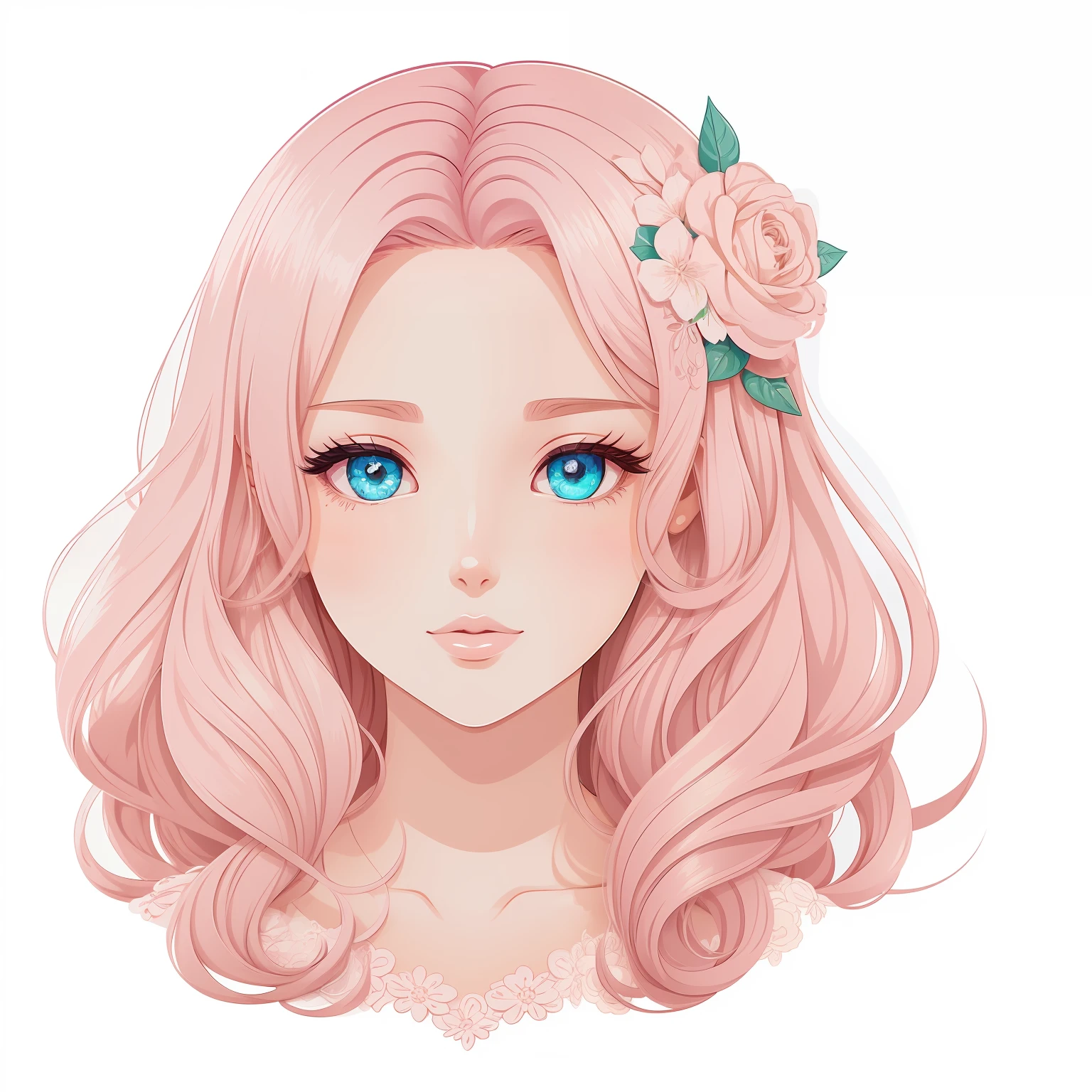 a woman 25 years old, wavy pink hair, beautiful eyes and delicate makeup. She is wearing a white dress with floral details. Digital illustration style, Cartoon illustration style, Beautiful art style, Trends in Artsration, cute digital illustration, beautiful digital art, cartoon art style, cute detailed digital art, exquisite digital illustration, Cute drawing style, Cartoon style Awesome art, vector art style, digital anime illustration, 2d illustration