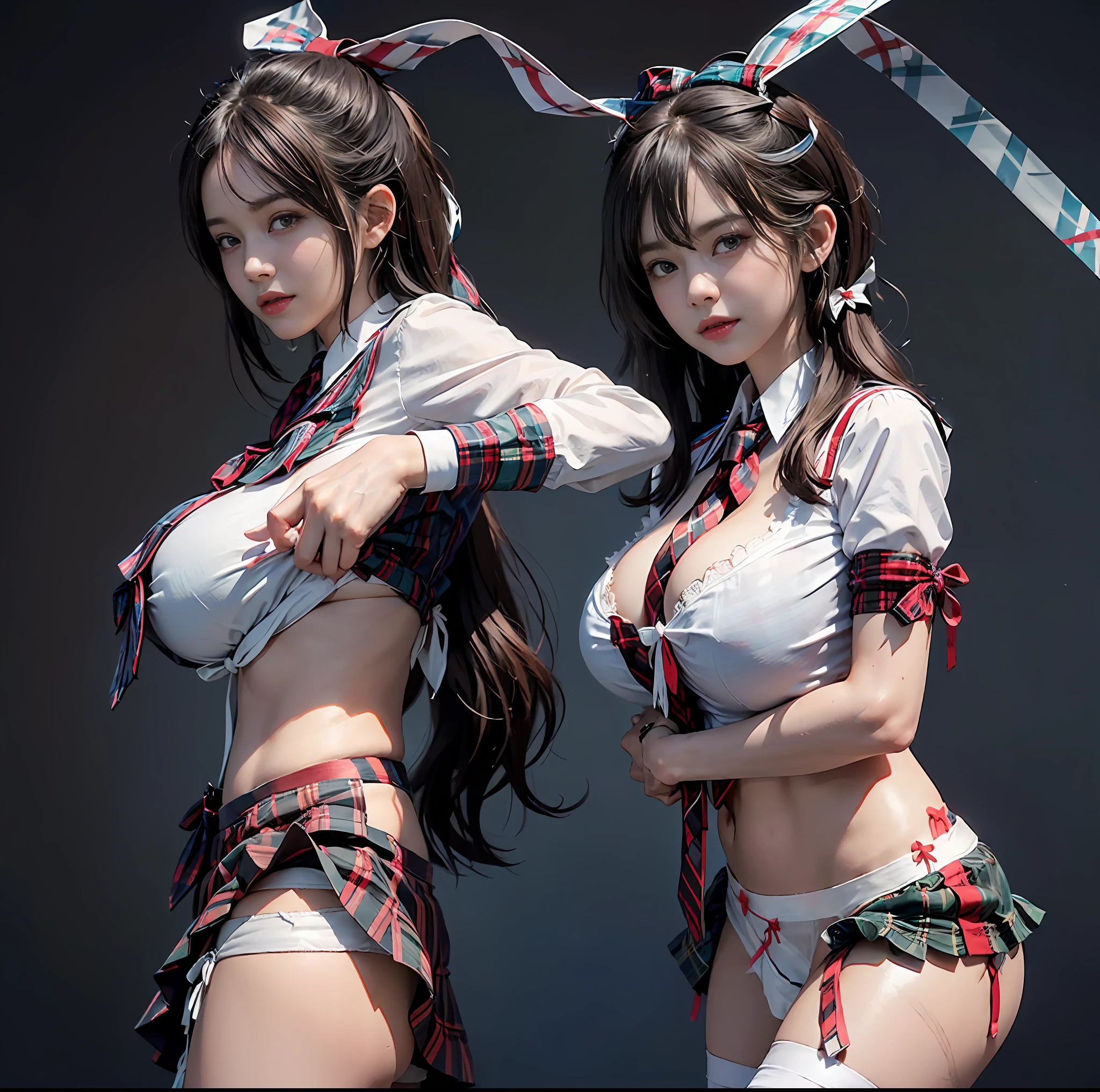 (top-quality)、 (masterpiece)、(Realistic lighting with shadows)、 (elegent)、 (A hyper-realistic:1.2)、(Stylish), (intricate detailes)、 (Perfect anatomical depiction of the human body:1.5)、(Girl standing proudly in front of camera with chest turned、Another girl on the other side is pointing her ass at the camera:1.2), ( Huge breasts :1.7), (Beautiful bright blue eyes squinting dazzlingly:1.2)、(Small lips without lipstick)、 (Brunette's half-up hair shines in the backlight), (She exemplarily wears a schoolgirl outfit with a white blouse and a thin crimson ribbon tie and a skirt with tartan plaid micro mini pleats:2.5)、(She is standing and bending her knees:1.2)、(This is a photo taken with squinted eyes and a cute smile.......:1.2), (Pull up the skirt with your hands、Showing off her proud pure white small low-cut panties from the front:1.9), (Only one person turns his back and shows off his proud big ass from directly behind:1.3), (the face is chubby:1.2), (perfect anatomia), (A detailed face), (Perfect hands, Correct number of arms, Correct number of fingers, nice hand, Anatomically correct hand), irene1