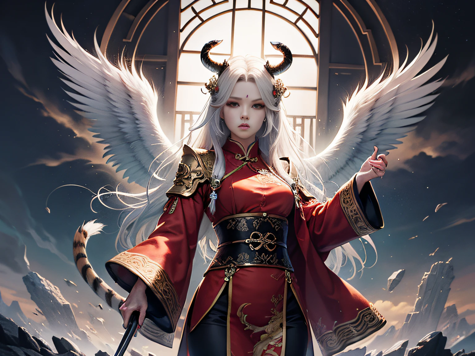 tmasterpiece,A high resolution,CG animation,Realisticstyle,(Pixiu, an ancient Chinese mythological creature,The body is a tiger,faucet,Dragon tail,Has wings,Off-white hair,The head has double horns)