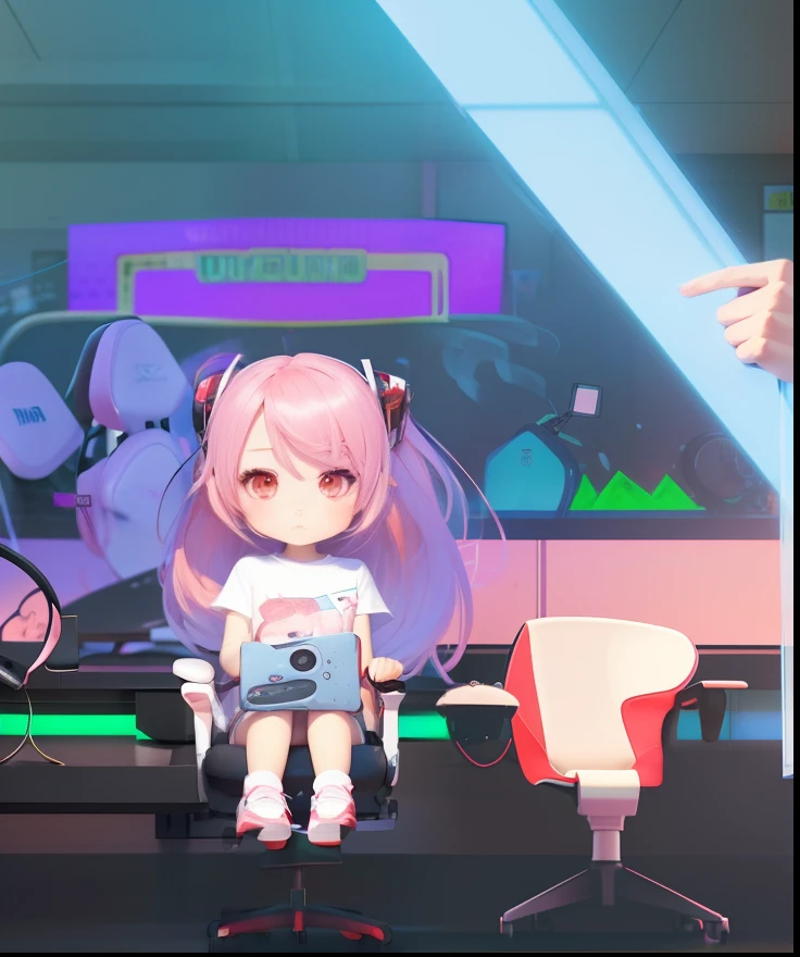(masterpiece), (best quality), (ultra detailed),(disheveled hair),(illustration), (realistic), beautiful and cute gamer girl with white and smooth skin, thin body, red cheeks, elegant, pink hair, The gaming room, sitting on a gaming chair,wearing e-sport t-shirts, wearing shorts, Asian girl.