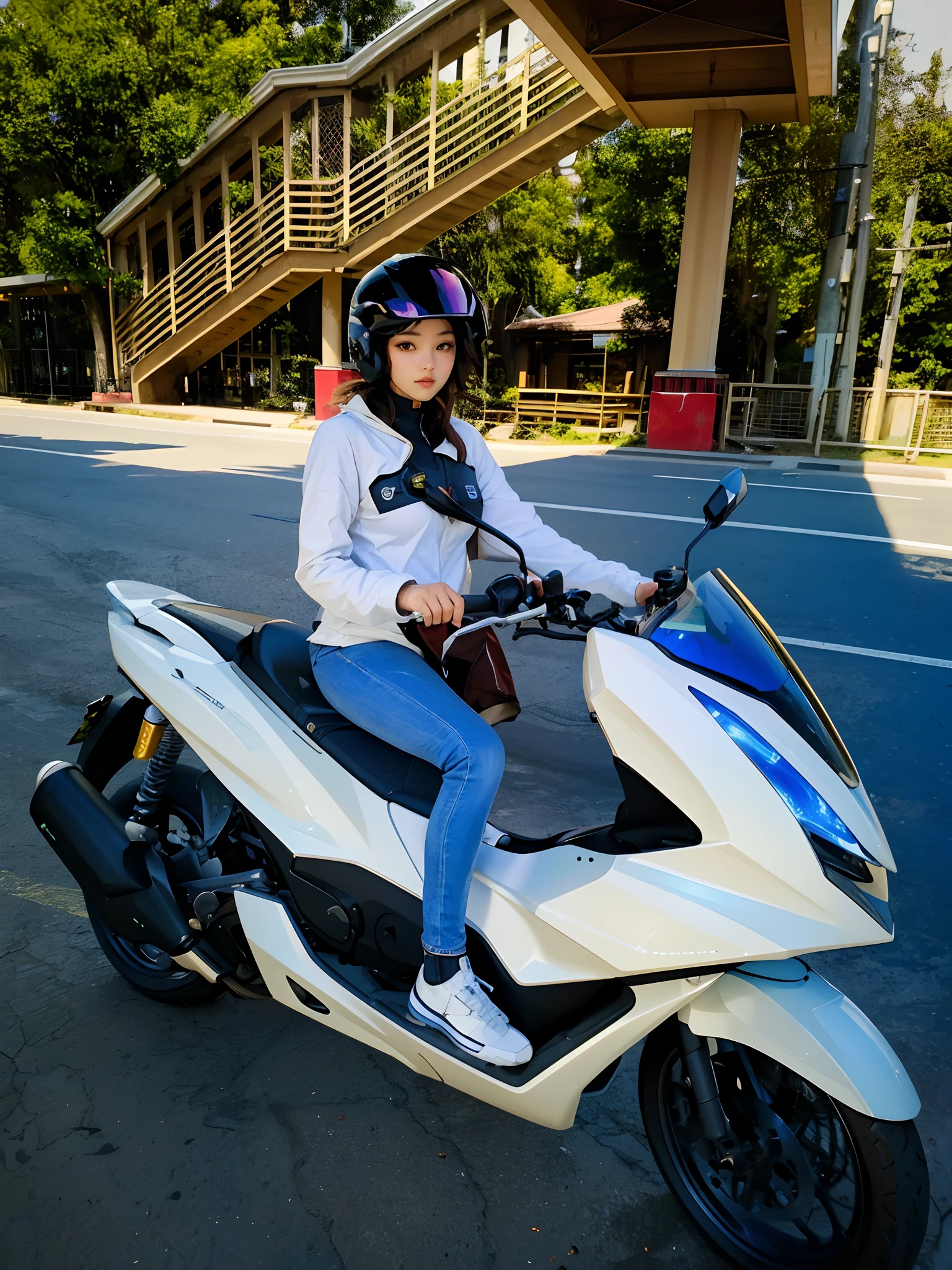 Highest image quality, outstanding details, super high resolution, (fidelity: 1.4), the best illustration, favor details, highly cohesive, 1girl, with a delicate and beautiful face, plump chest, sexy body, dressed in a gorgeous mecha, wearing a mecha helmet, holding a direction controller, riding on a motorcycle, the background is a high-tech lighting scene of the future city.