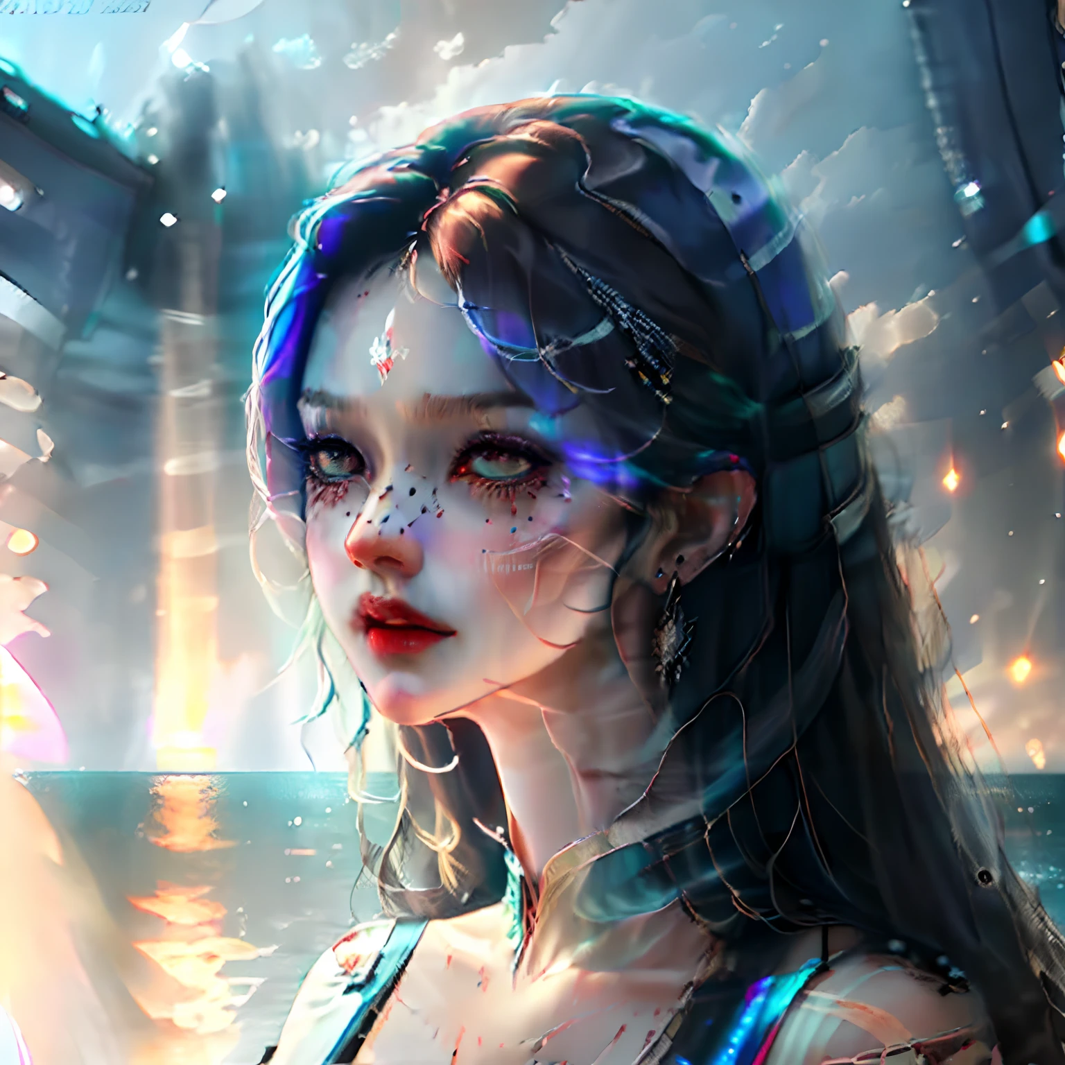a cute korean large-eyed girl, slender and small face, very glossy skin, looking at viewer, surrealism, cinematic, dark moody quality, seaside sunrise,sky, sea, solo, hairclip, in summer,official art, intense angle, dramatic angle, detailed clothes,detailed face, detailed eyes, detailed background, detailed skin, fantastical, dreamlike, otherworldly landscape,
masterpiece, award-winning work, 32k, UHD, perfect composition, intense lighting, smooth and rich texture, expression of chaos and beauty, elaborate details, highly detailed, contrast of coldness and passion, realistic, abstract, expressionist, reflection and shadow of light, lush vivid colors, dystopia lighting, backlighting hair, back lighting, volumetric lighting, Film light, dynamic lighting, octane render, trending on artstation, trending on cgsociety, good anatomy, same makeup for both eyes, eyes are bilateral symmetry, Perfect body proportions., professional ominous concept art, by artgerm and greg rutkowski, an intricate, elegant, highly detailed digital painting, concept art, smooth, sharp focus, illustration, in the style of simon stalenhag, wayne barlowe, and igor kieryluk. --auto