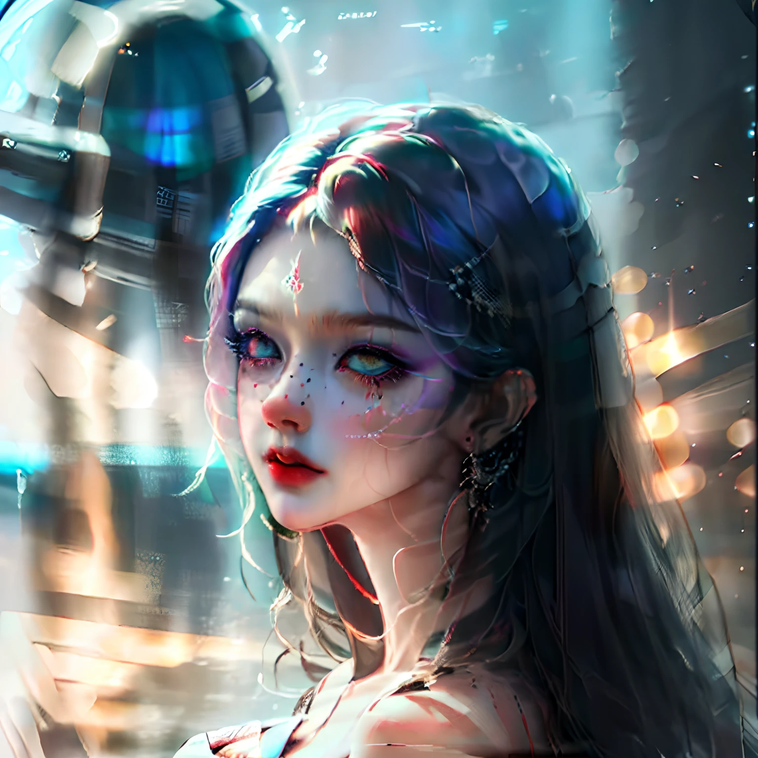 a cute korean large-eyed girl, slender and small face, very glossy skin, looking at viewer, surrealism, cinematic, dark moody quality, seaside sunrise,sky, sea, solo, hairclip, in summer,official art, intense angle, dramatic angle, detailed clothes,detailed face, detailed eyes, detailed background, detailed skin, fantastical, dreamlike, otherworldly landscape, 
masterpiece, award-winning work, 32k, UHD, perfect composition, intense lighting, smooth and rich texture, expression of chaos and beauty, elaborate details,  highly detailed, contrast of coldness and passion, realistic, abstract, expressionist, reflection and shadow of light, lush vivid colors, dystopia lighting, backlighting hair, back lighting, volumetric lighting, Film light, dynamic lighting, octane render, trending on artstation, trending on cgsociety, good anatomy, same makeup for both eyes, eyes are bilateral symmetry, Perfect body proportions., professional ominous concept art, by artgerm and greg rutkowski, an intricate, elegant, highly detailed digital painting, concept art, smooth, sharp focus, illustration, in the style of simon stalenhag, wayne barlowe, and igor kieryluk. --auto