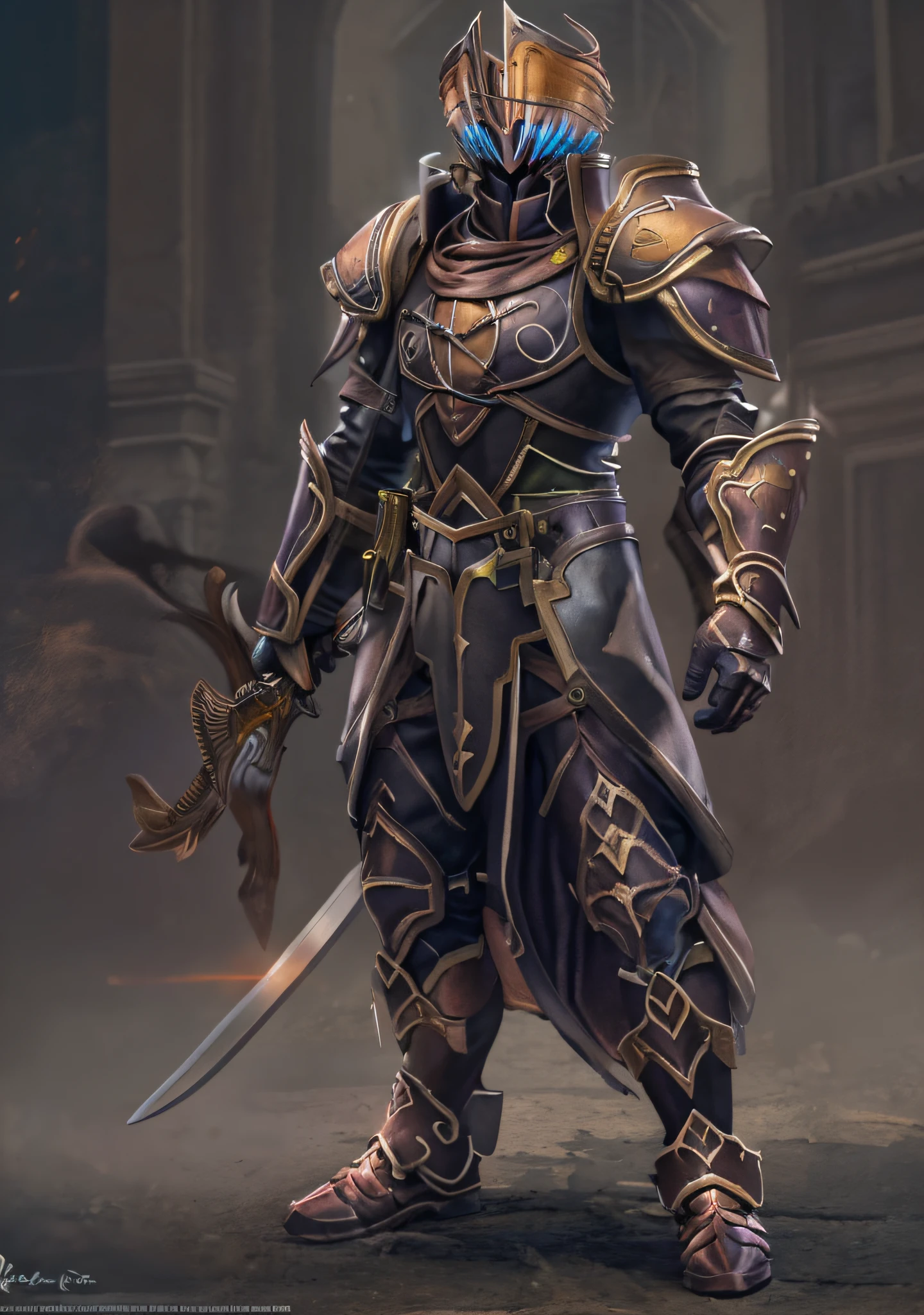 Design a male character who is a knight and has a strong sense of justice. He is the leader of a group of rebels fighting against an oppressive regime. Golden+Black armor, stylish and unique. Taking a heavy sword. Volumetric lighting, realism BREAK (masterpiece:1.2), (best quality), 4k, ultra-detailed, (dynamic composition: 1.4), high detailed, colorful details, (gloomy colors: 1.2), (luminous lighting, atmospheric lighting), gloomy, magical, (solo: 1.4), (((glove full hands))), Dragon Warrior, catalog of weapons